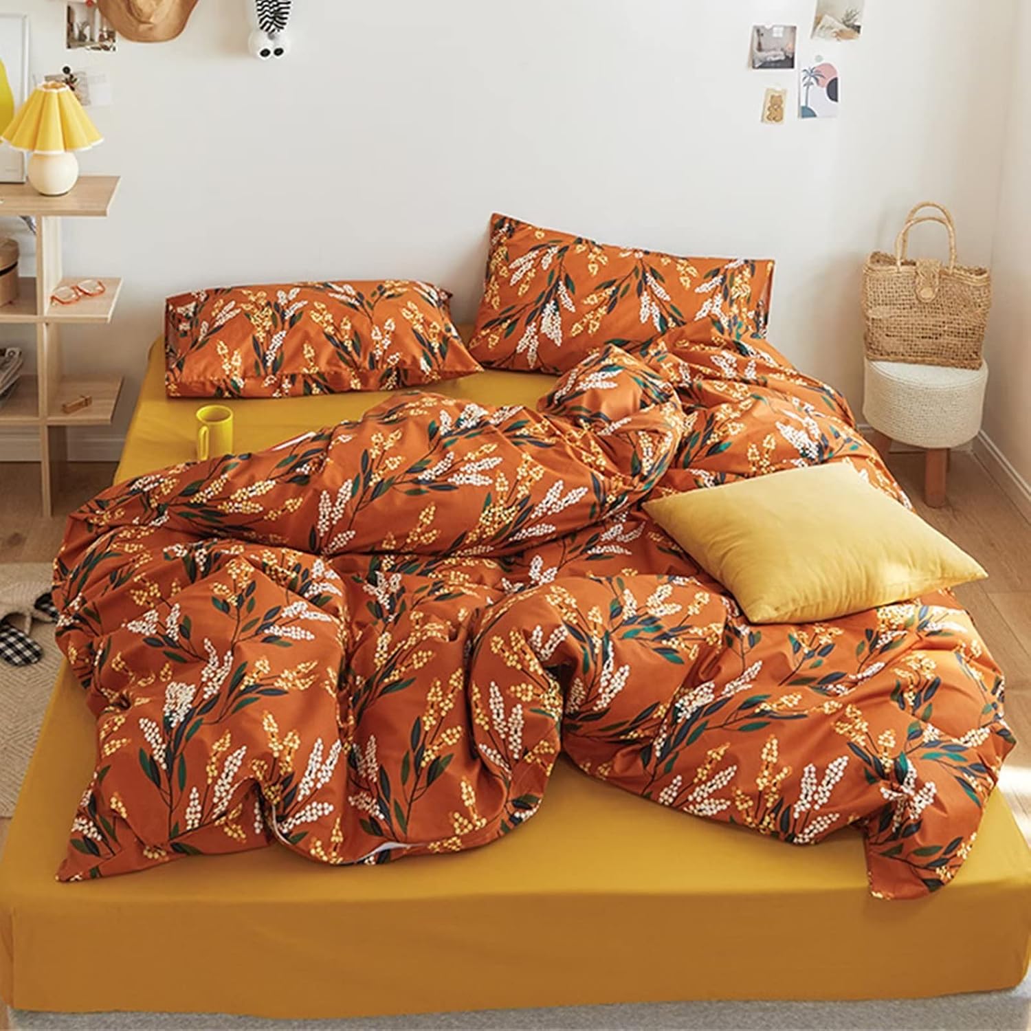 Luxlovery Juego de edredón floral Cal King, juego de ropa de cama bohemio naranja botánico para mujeres y niñas, estilo vintage, transpirable,
