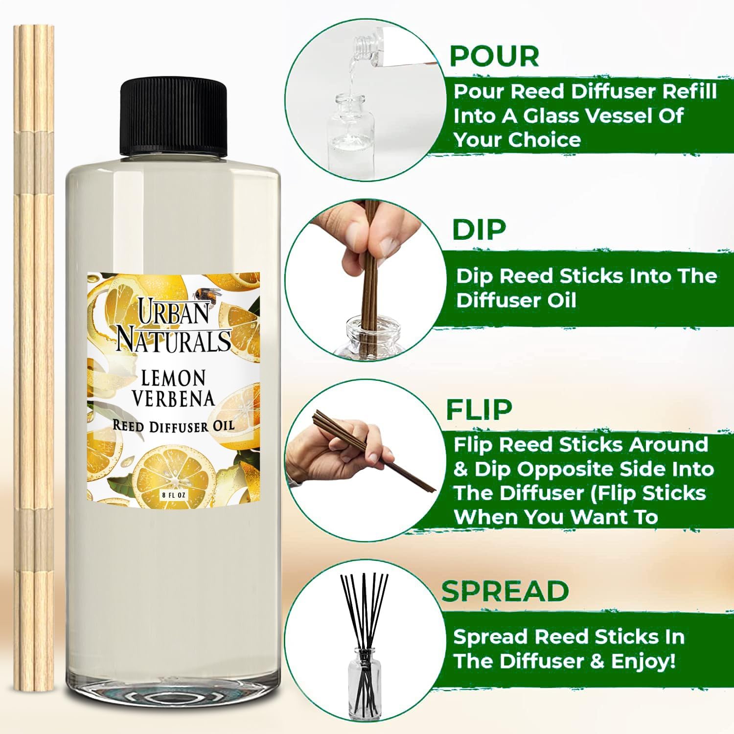 Urban Naturals Repuesto de difusor de varillas de aceite esencial de verbena de limón, tamaño grande de 8 onzas, incluye un juego gratis de varillas
