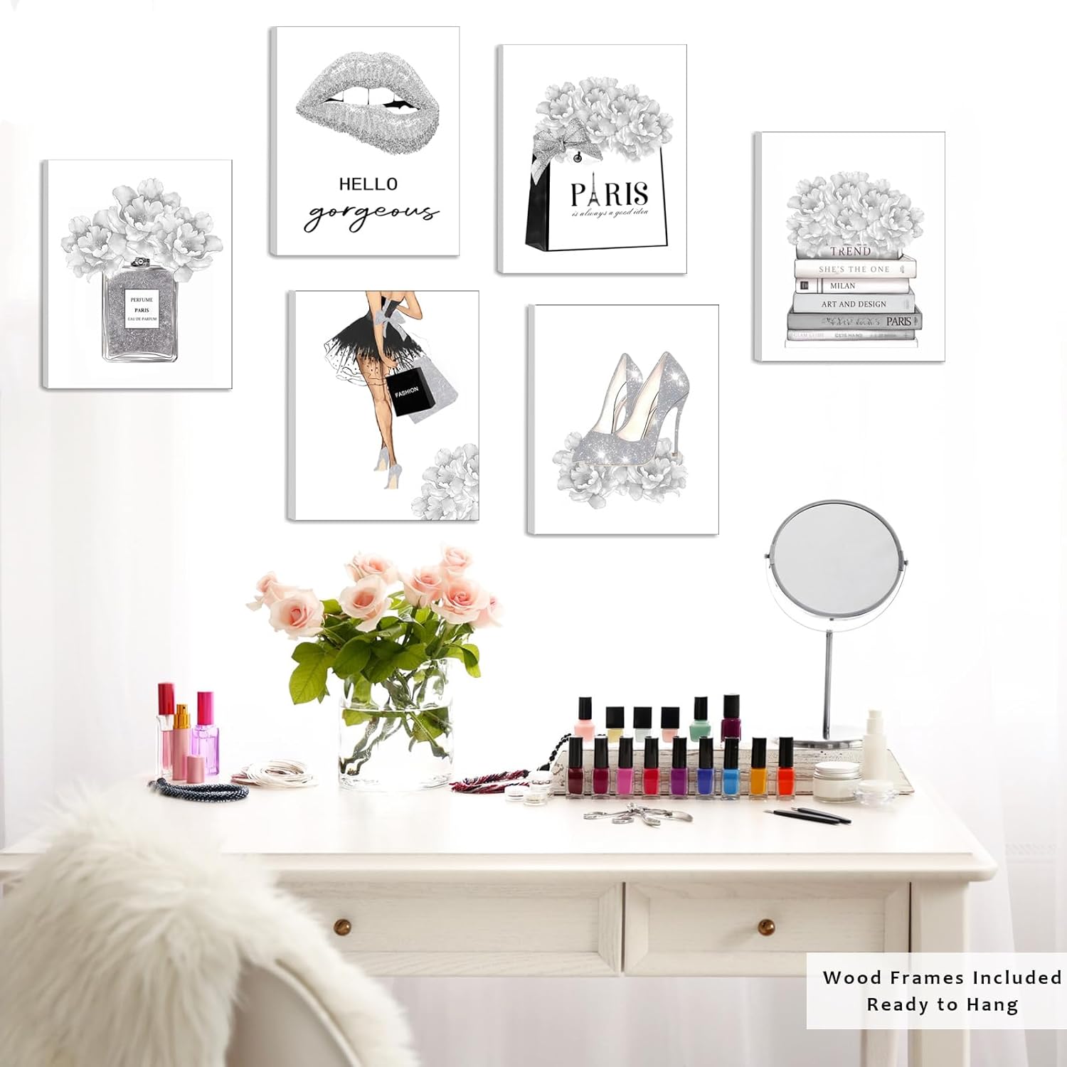 Decoración de pared de moda gris glamorosa, arte de pared enmarcado para sala de maquillaje, arte de pared de sala de belleza plateada para oficina,