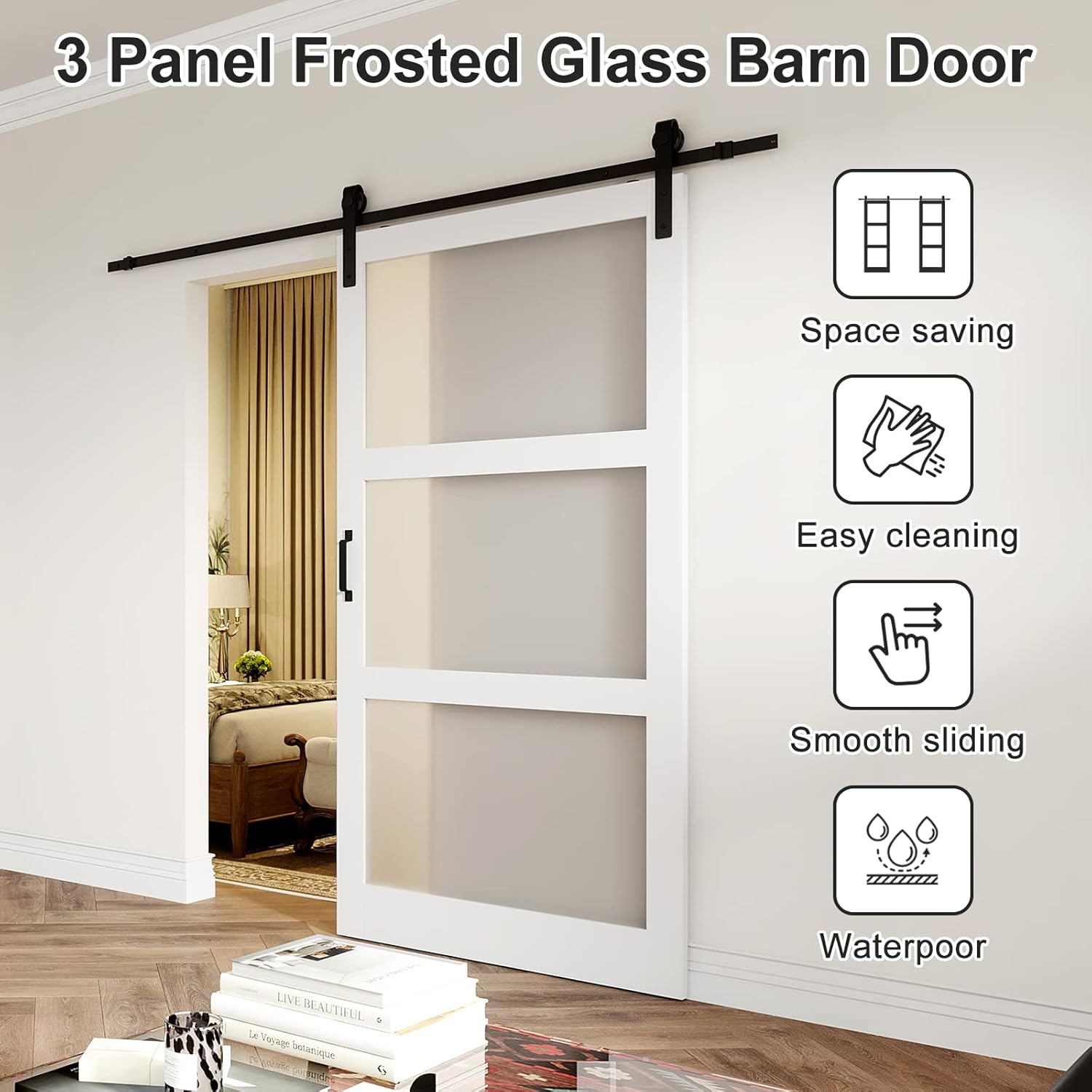 Puerta corrediza de granero de vidrio esmerilado de 3 paneles de 42 x 84 pulgadas, kit de herramientas incluido, requiere montaje, superficie de PVC