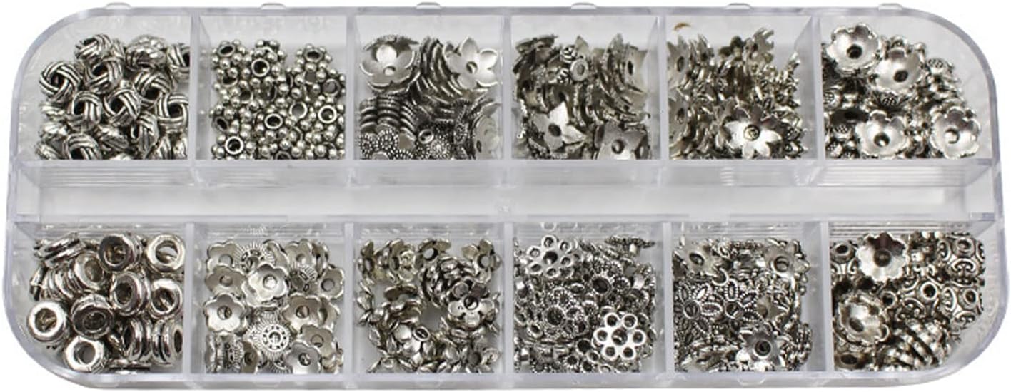360 cuentas espaciadoras plateadas de metal en forma de flor, cuentas sueltas con caja de almacenamiento, accesorios para hacer joyas (plateado)