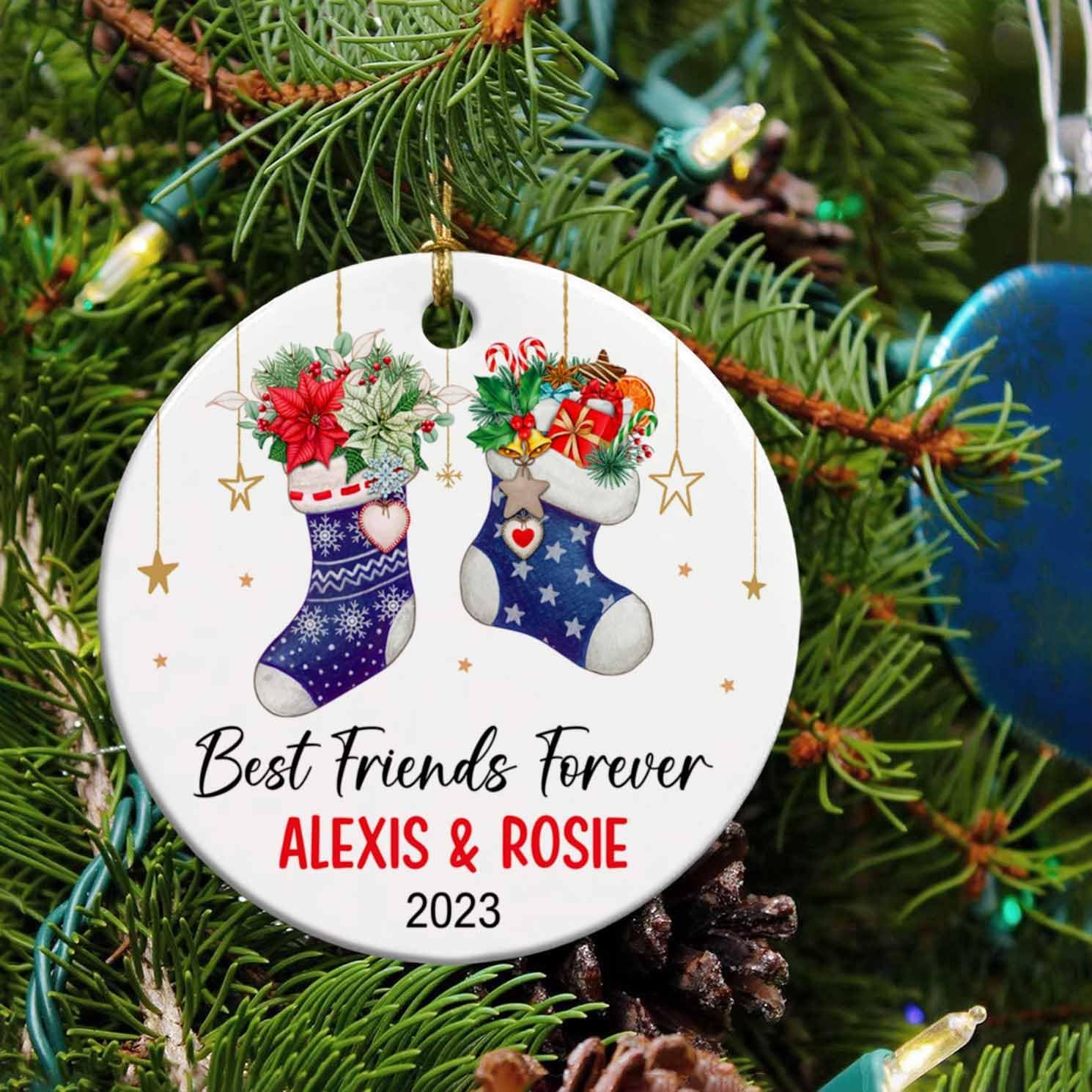 Adorno personalizado para mejores amigos para siempre, nombres personalizados y Año BFF, vacaciones de Navidad, calcetines de amigos, adorno de