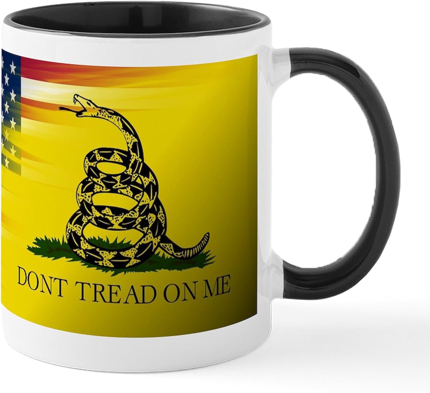 CafePress Taza de café de cerámica con la bandera americana, con texto en inglés “Don’t Tread On Me”, taza de té de 11 onzas
