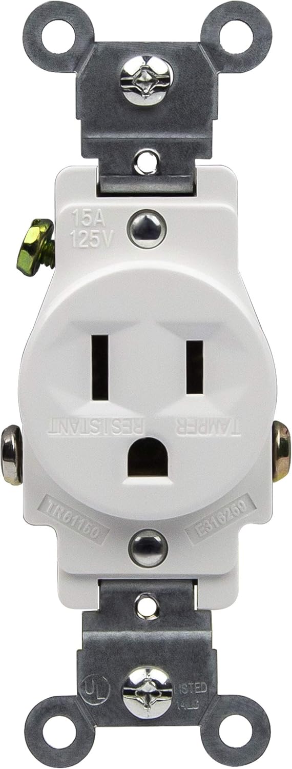 ENERLITES Tomacorriente de un solo receptáculo, resistente a manipulaciones, grado comercial, 3 cables, tornillo de puesta a tierra, 2 polos, 5-15R,
