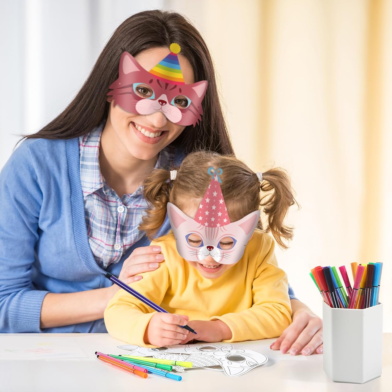 Juego de 16 máscaras de animales DIY, máscara para colorear de gato, máscara de fiesta de gato con 24 piezas de bolígrafo de acuarela, máscara en