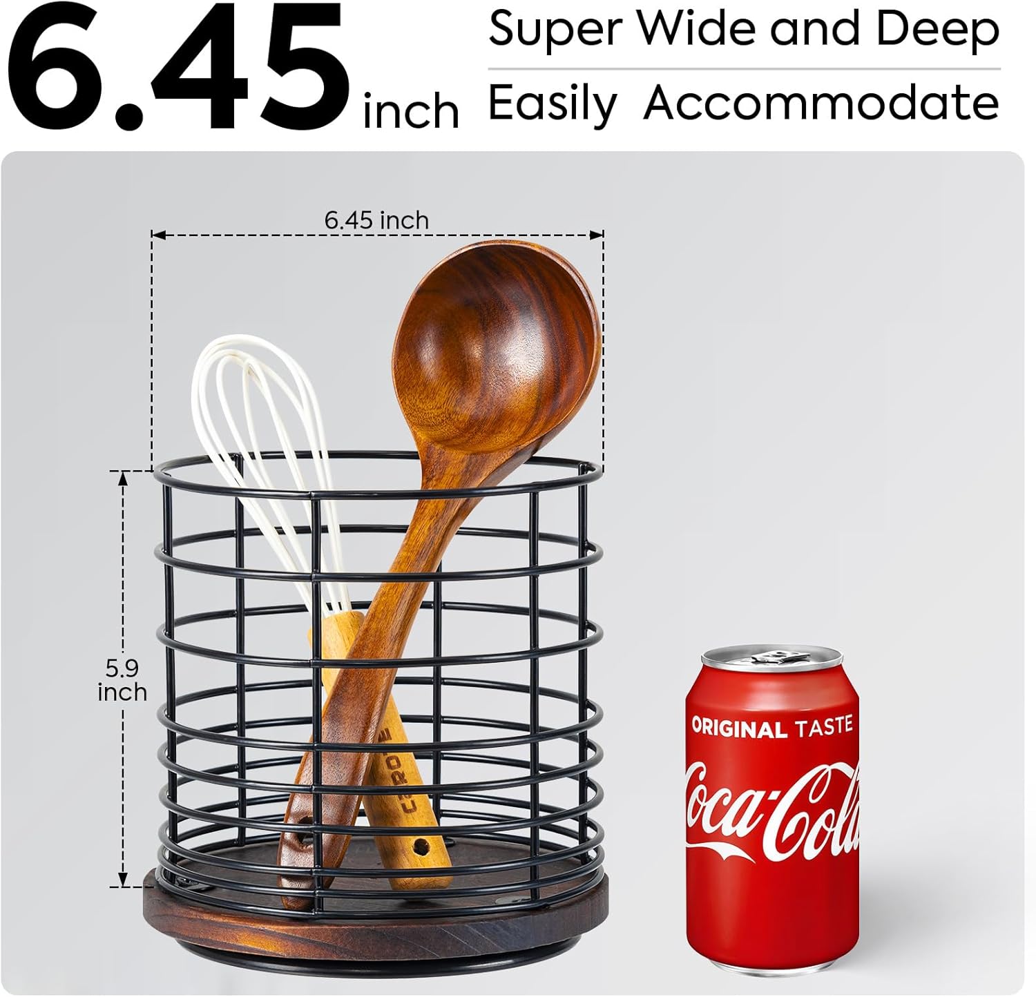 Soporte giratorio de 360 para encimera de cocina, soporte de utensilios de cocina grande de metal y madera de 6.5 pulgadas con orificio de drenaje,