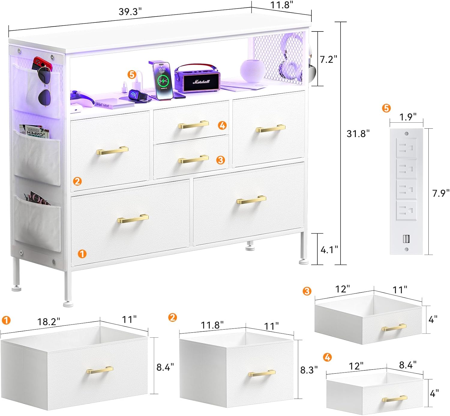 Cómoda para dormitorio, soporte de TV con tomas de corriente y luz LED, cómoda de 6 cajones con bolsillos laterales y ganchos, cómoda ancha con