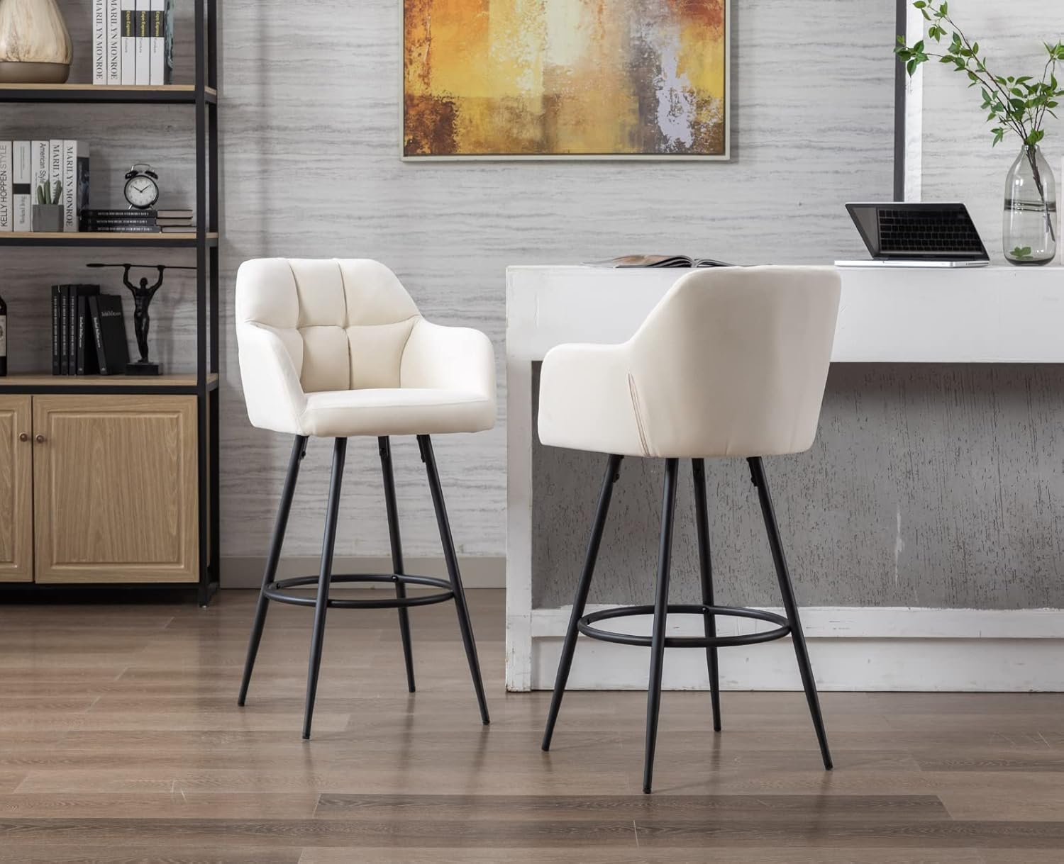 CIMOTA Taburetes de bar modernos de terciopelo de altura de barra, color crema, altura del asiento de 30 pulgadas