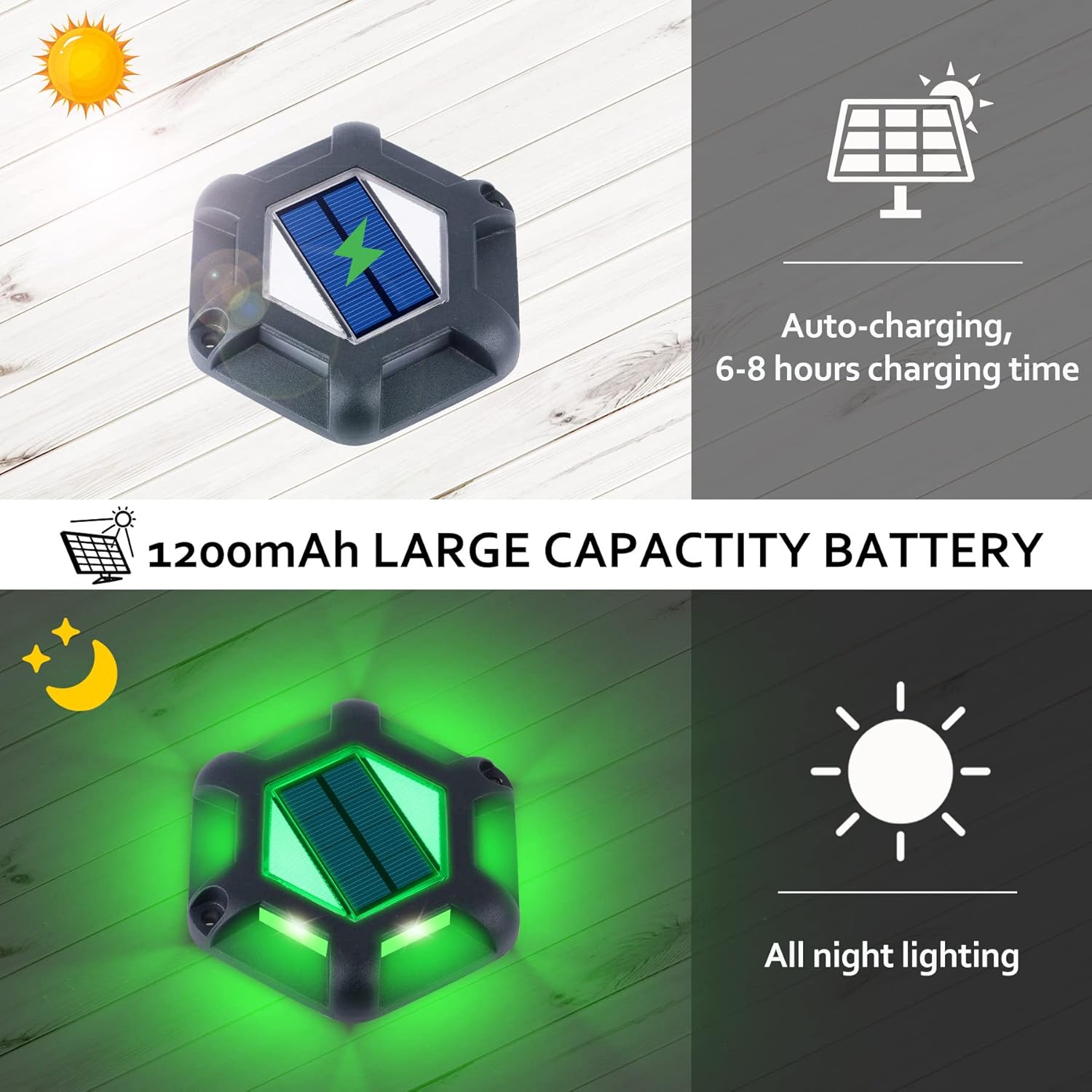 Luces solares verdes para muelle de entrada, 8 paquetes de luces impermeables de 1200 mAh LED de aluminio para exteriores, advertencia de