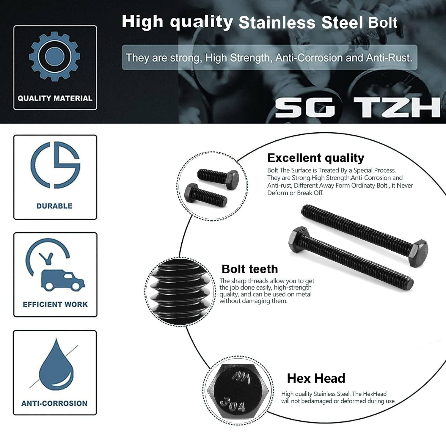 Tornillo de cabeza hexagonal de 38-16 x 3 pulgadas, 20 piezas de acero inoxidable 18-8 (304), totalmente roscado, óxido negro por SG TZH