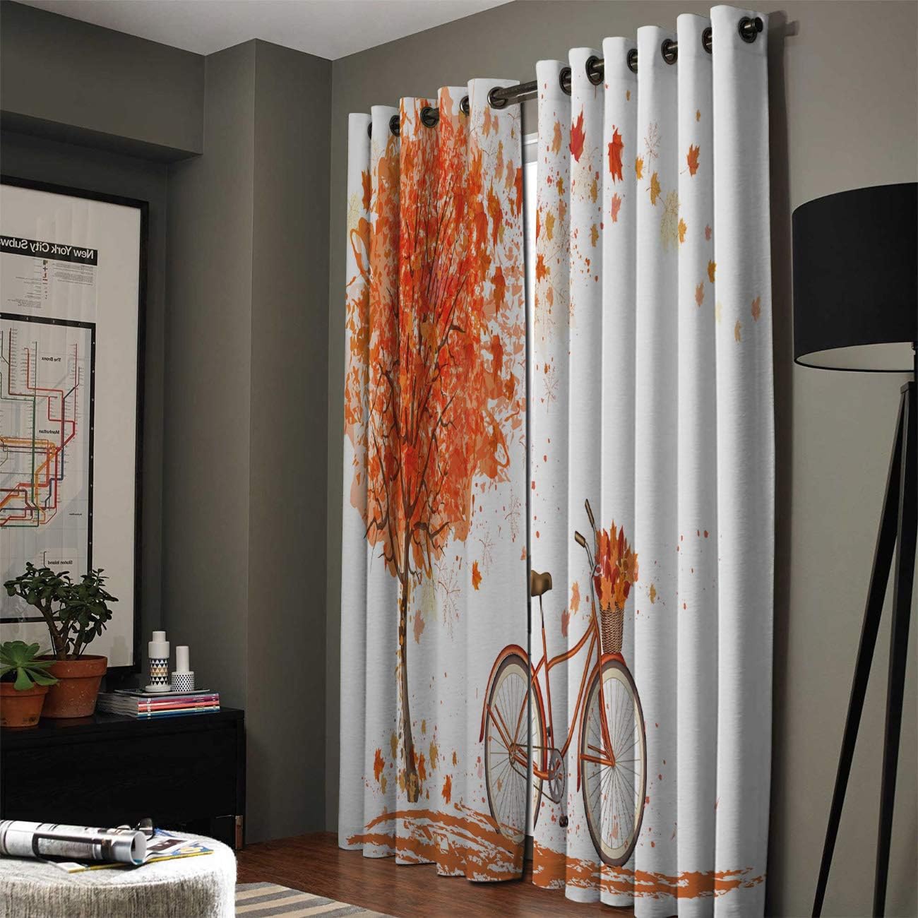 FortuneHouse Blackout Curtains Thermal Insulated Autumn red Maple Leaves and Bicycle Solid Pattern Metal Grommet Elegant Room Drapes Window Curtain