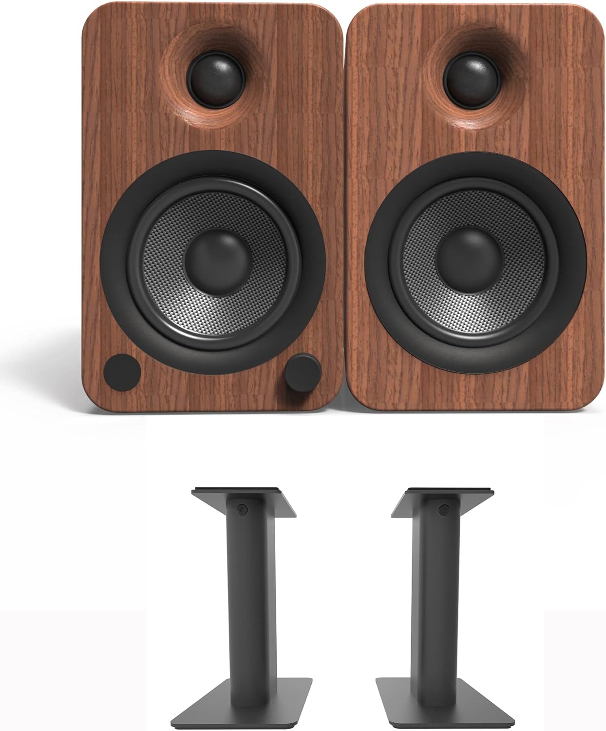 Kanto YU4WALNUT 140W Bookshelf Speakers with Bluetooth – Walnut (Pair) SP9 9″ Fixed-Height Desktop Stands for Bookshelf Speakers – Black (Pair)