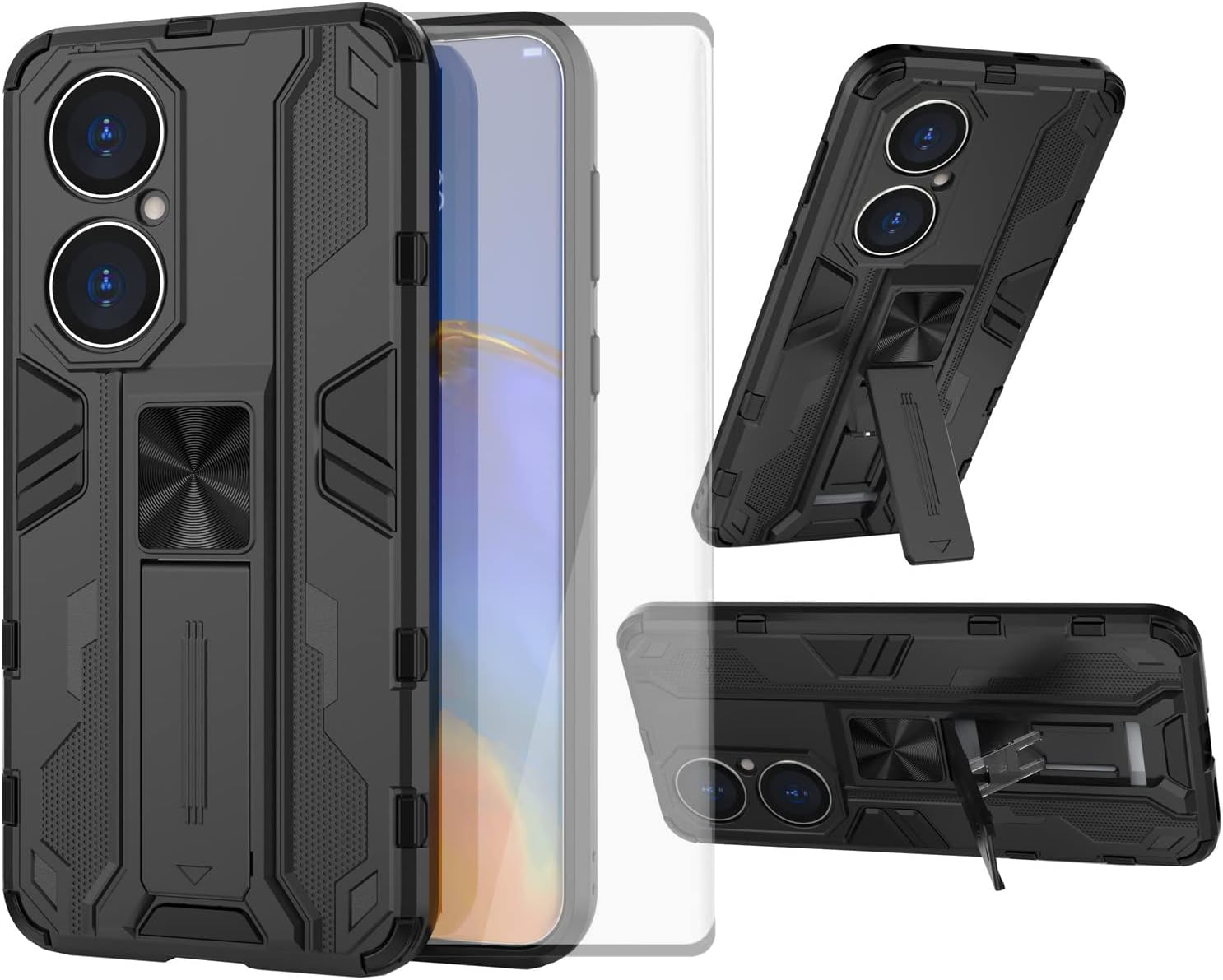 Asuwish Funda de teléfono para Huawei P50 Pro con protector de pantalla de vidrio templado y soporte delgado, híbrido, resistente, película trasera