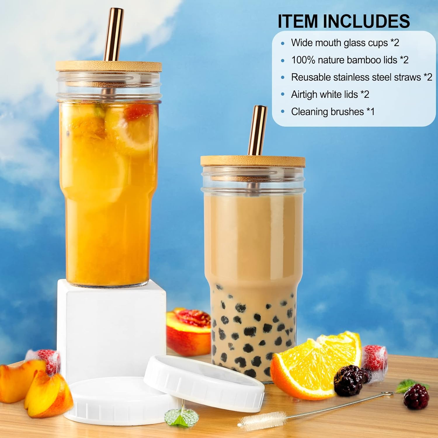 Vaso Boba reutilizable para batido de vidrio, vaso de té con burbujas, paquete de 2 vasos de boca ancha de 22 onzas para café helado con tapa de