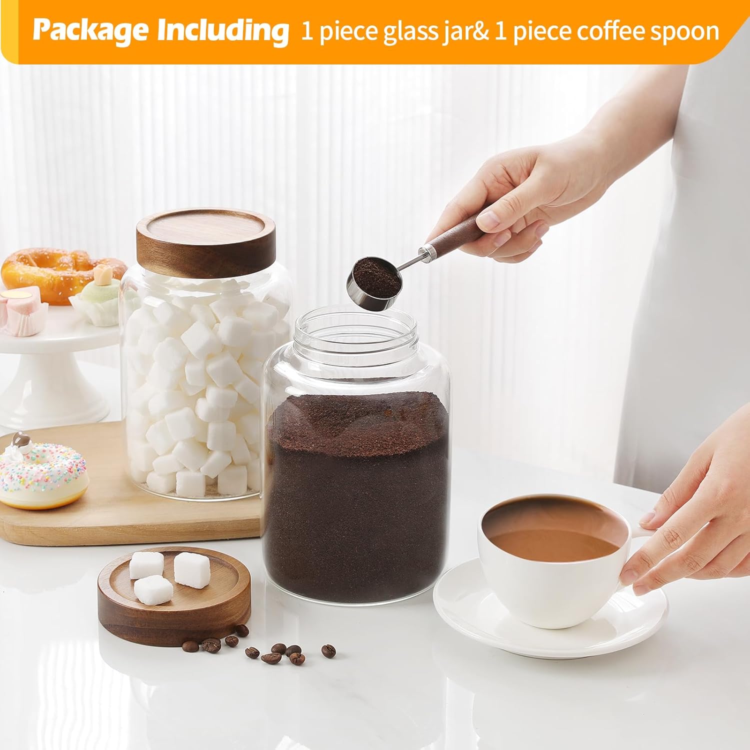 Tarros grandes de vidrio para café con cucharas de 60 onzas60.9 fl oz, recipiente redondo de almacenamiento con tapa de madera, tarro de alimentos