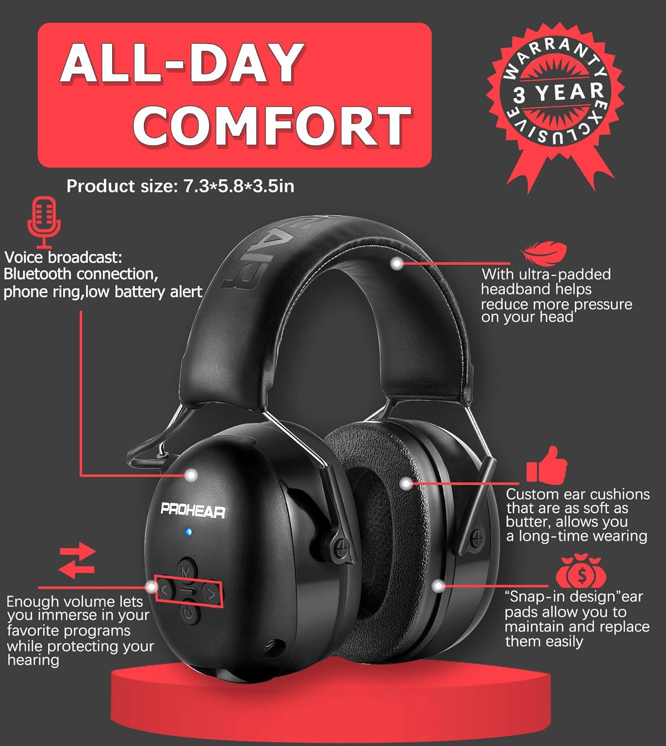 PROHEAR 037 Paquete de 2 auriculares Bluetooth 5.3 de protección auditiva con recargables, 30dB SNR de seguridad con reducción de ruido para