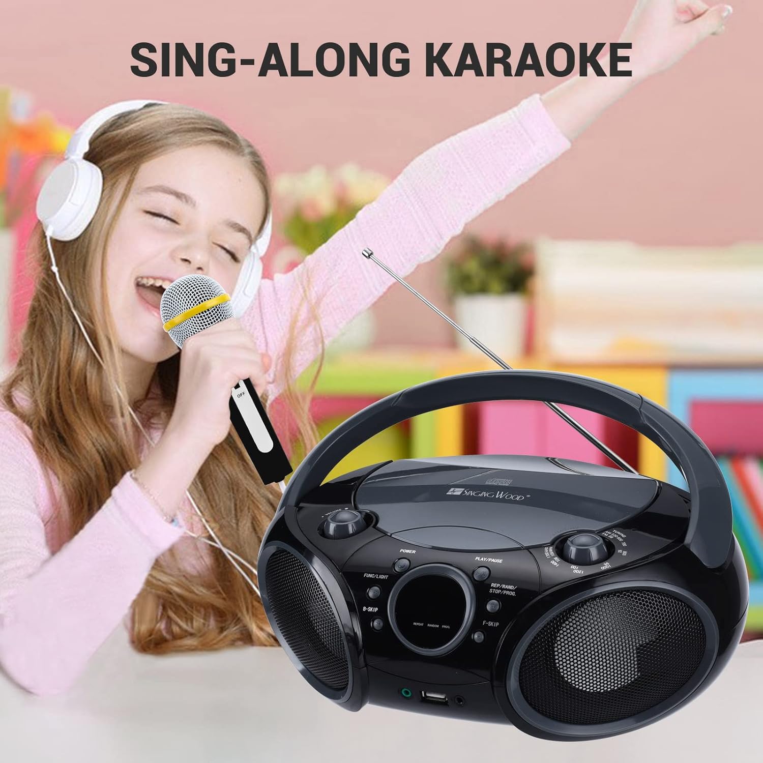 SingingWood NP030AB-GK – Sistema de karaoke portátil, reproductor de CD portátil con Bluetooth para radio estéreo AM FM en el hogar, conector para