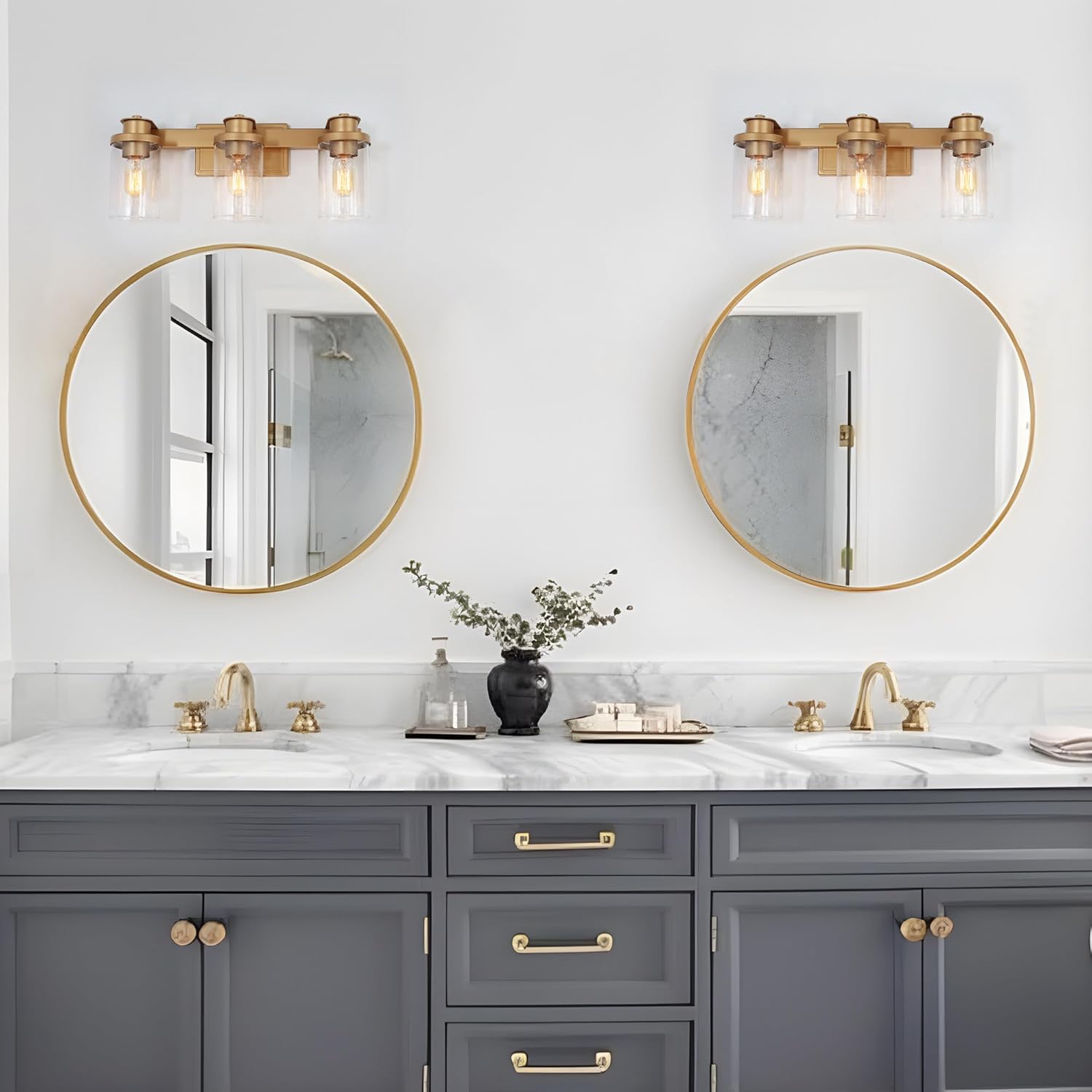 Lámparas de baño doradas, 3 luces de tocador para baño con pantalla de vidrio sembrado, modernas luces de tocador de baño de granja sobre espejo