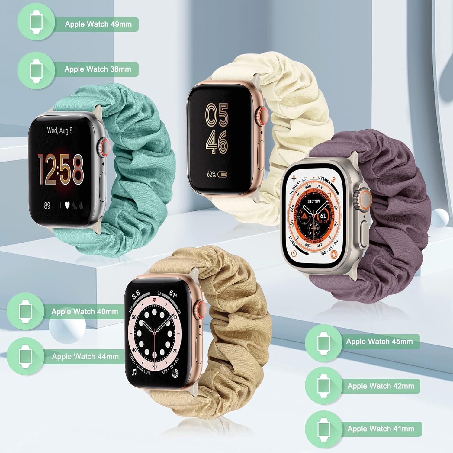 ShuYo Paquete de 4 bandas elásticas compatibles con Apple Watch de 1.496 pulgadas, 1.575 pulgadas, 1.614 pulgadas, 1.654 pulgadas, 1.732 pulgadas,