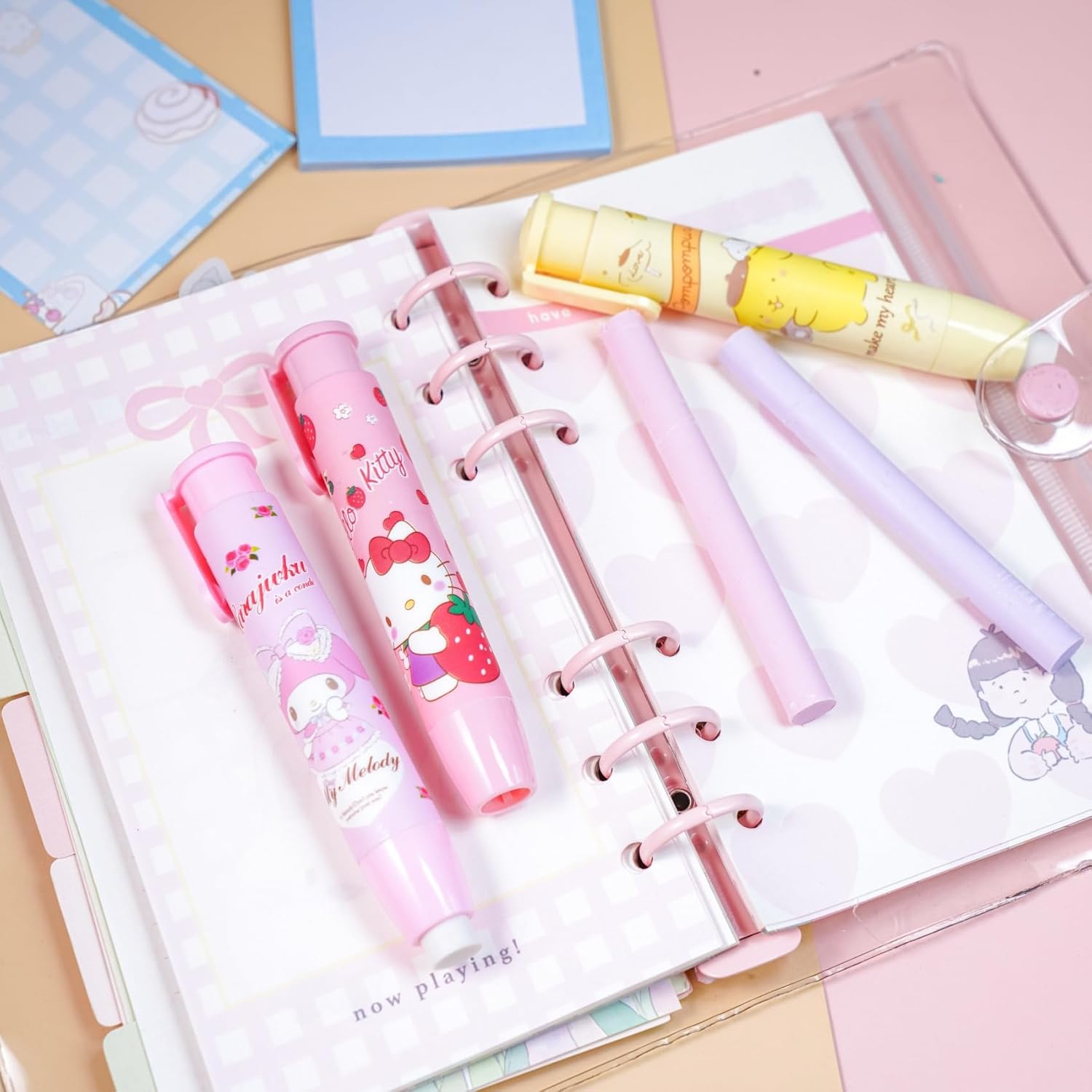 5 + 1 borradores Kawaii para niños y gatitos retráctiles, lindos borradores para niñas, melodía de anime, divertida, caricatura, novedad, borrador