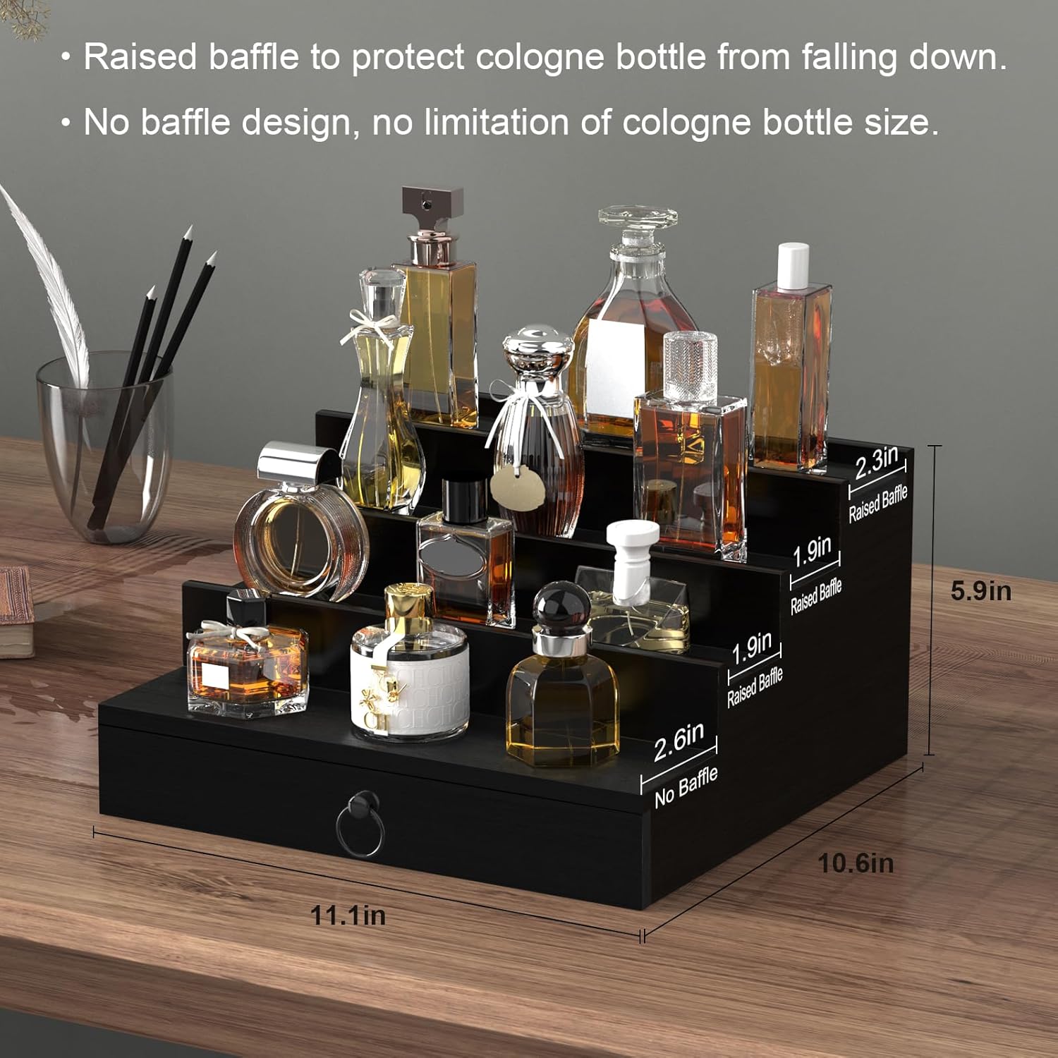 upcessory Organizador de colonia para hombres, organizador de perfume de madera de 4 niveles con cajón de forro de fieltro y compartimento oculto,