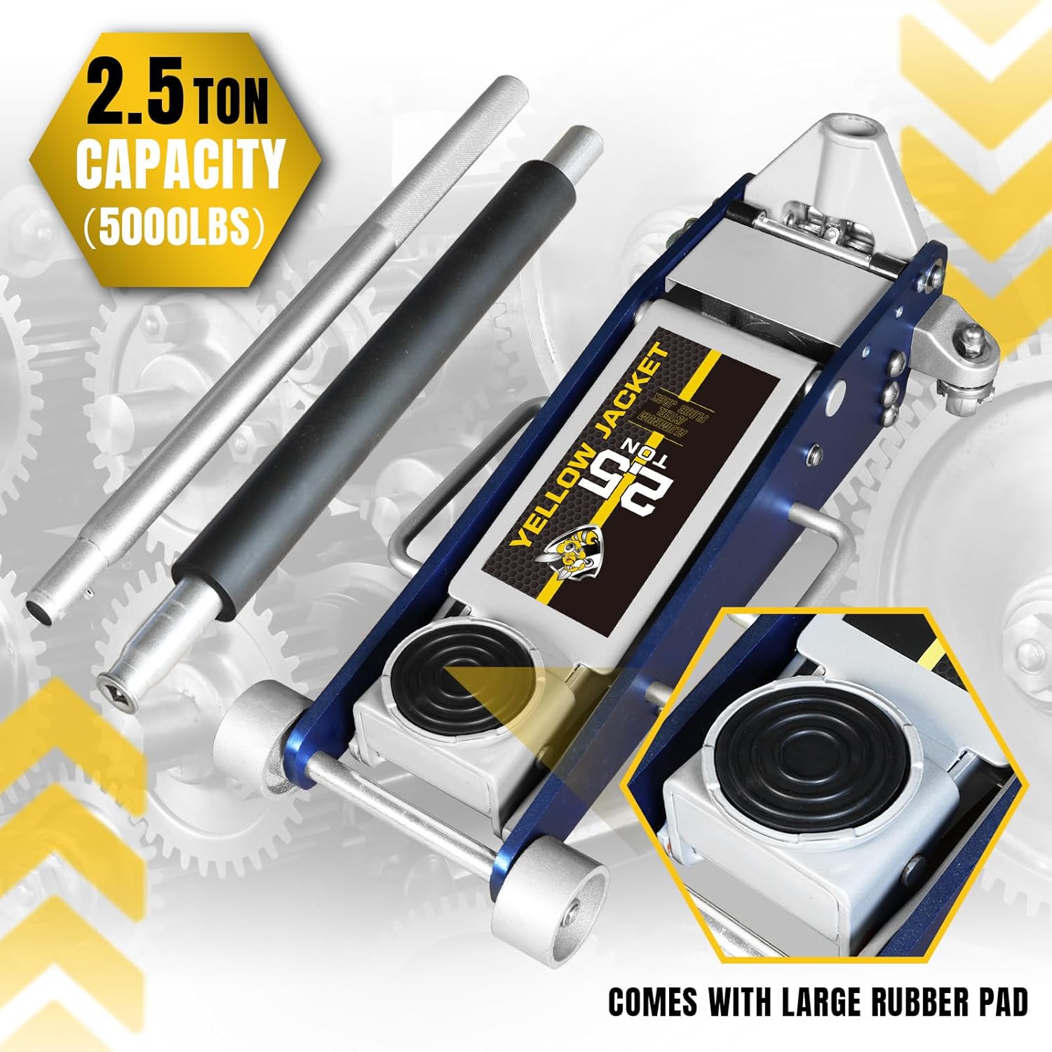YELLOW JACKET Gato hidráulico de piso de 2.5 toneladas de aluminio y acero de perfil bajo con bomba doble de elevación rápida, capacidad de 5,000