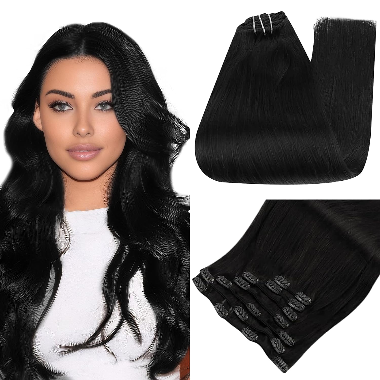 Full Shine – Extensiones de clip de cabello humano, extensiones doble capa de cabello brasileño lacio – Color1, negro azabache, 7piezas, 4.2onzas
