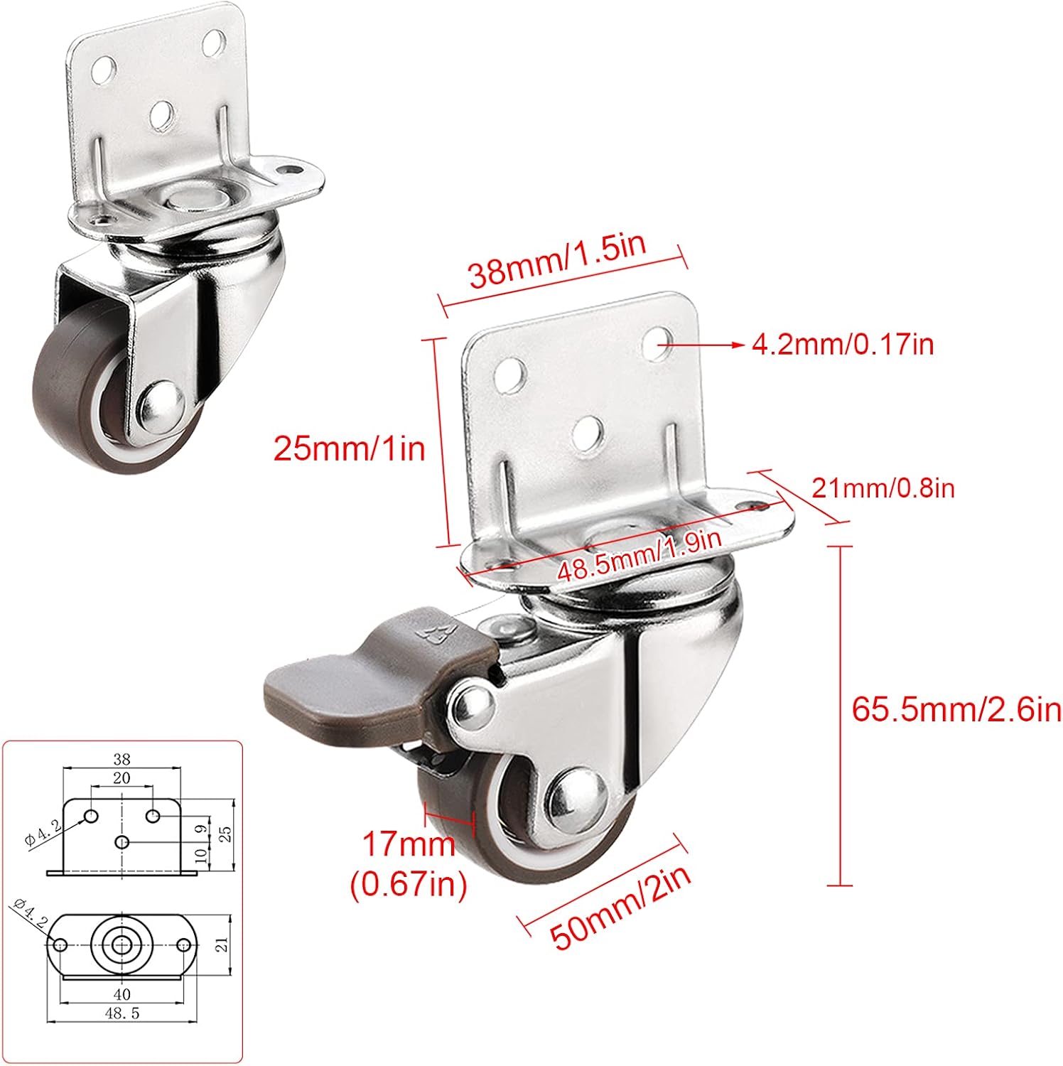 Ruedas giratorias de 11.251.52 in en forma de L de 5 agujeros con frenos, rueda de repuesto silenciosa para muebles de cuna, rodamiento de 176.4lbs,