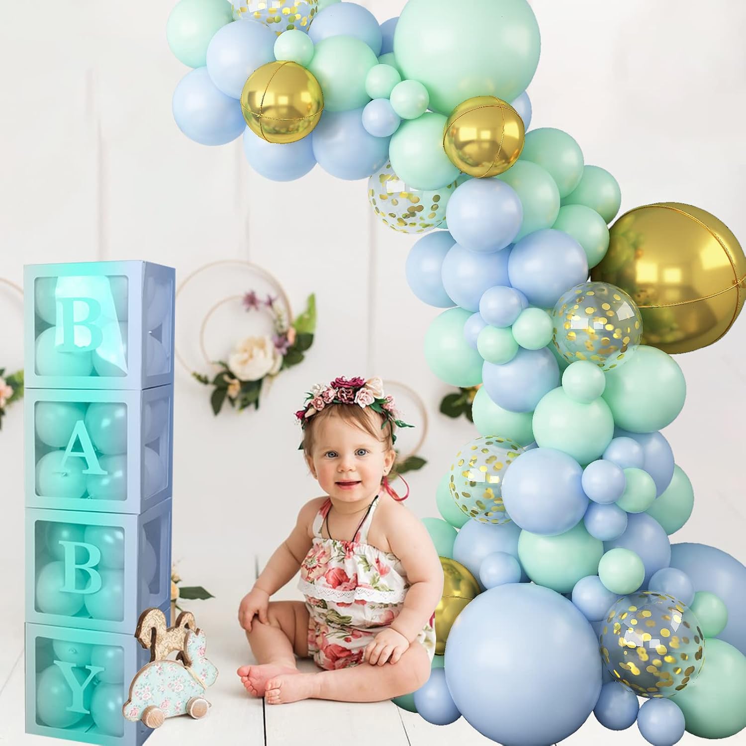 Kit de arco de guirnalda de globos color verde menta pastel y azul con globos dorados metálicos 4D, globo de papel de aluminio, confeti dorado, té