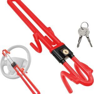 Cerradura antirrobo para volante, longitud ajustable, doble gancho, ajuste universal para coches, furgonetas, caravanas, SUV, camiones, rojo Cerradura antirrobo para volante, longitud ajustable, doble gancho, ajuste universal para coches, furgonetas, caravanas, SUV, camiones, rojo