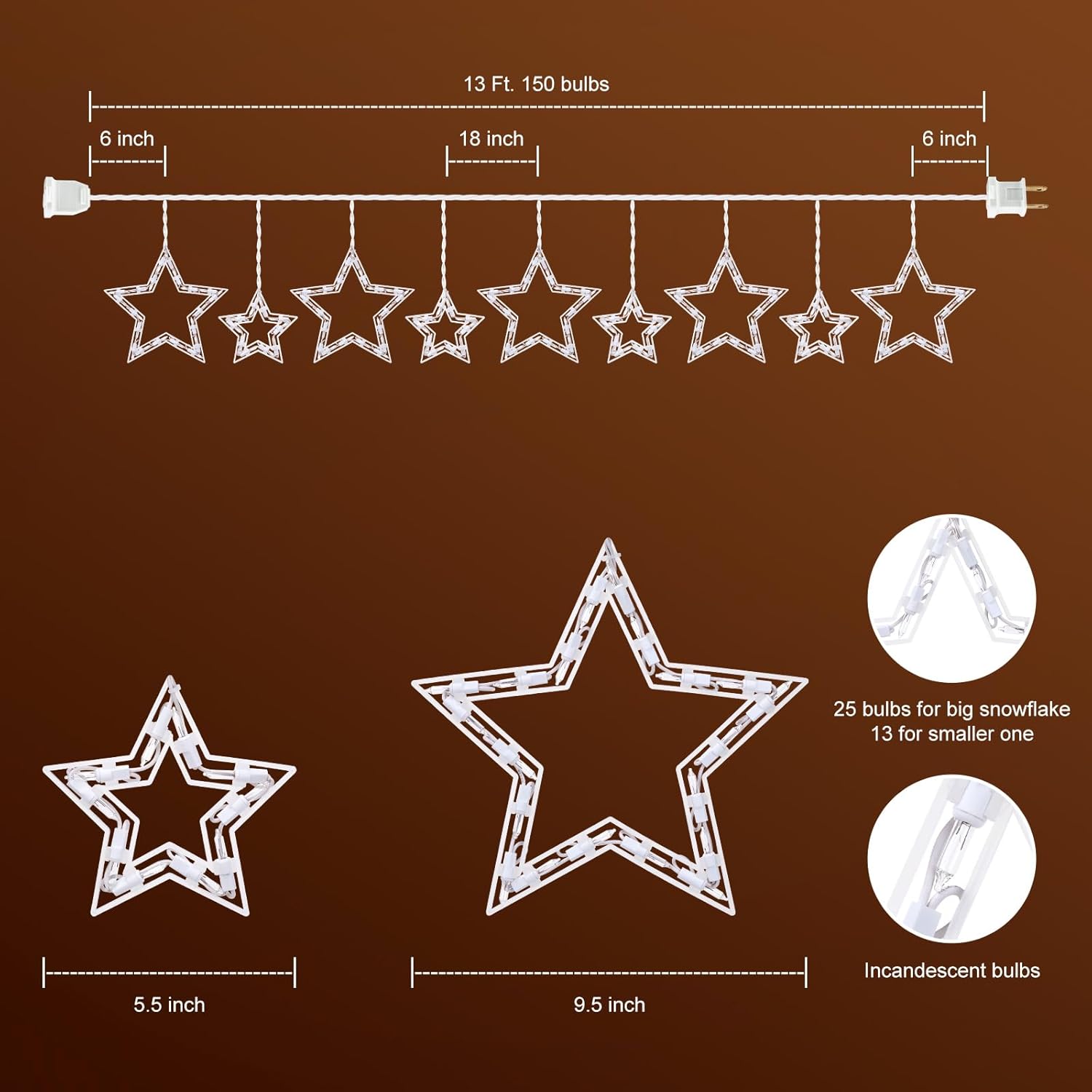 Luces de ventana de estrella de Navidad con 9 gotas, tira de luces de carámbano de estrella de 13 pies con 150 mini bombillas, luces colgantes de