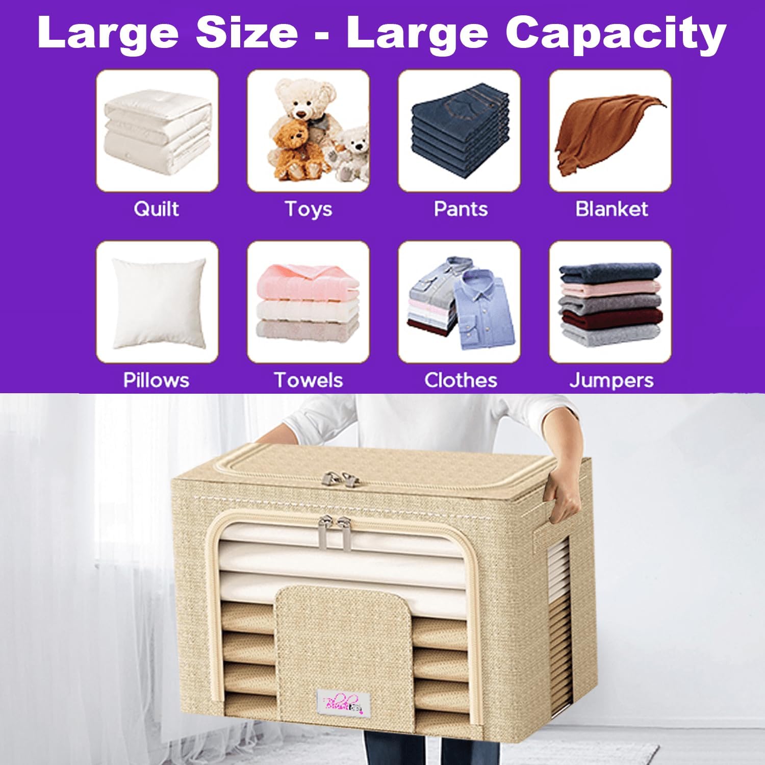 Blushbees Cajas de almacenamiento plegables de tela Oxford para ropa, colchas, lino con soportes de metal (paquete de 4 cajas, tamaño grande de 20 x