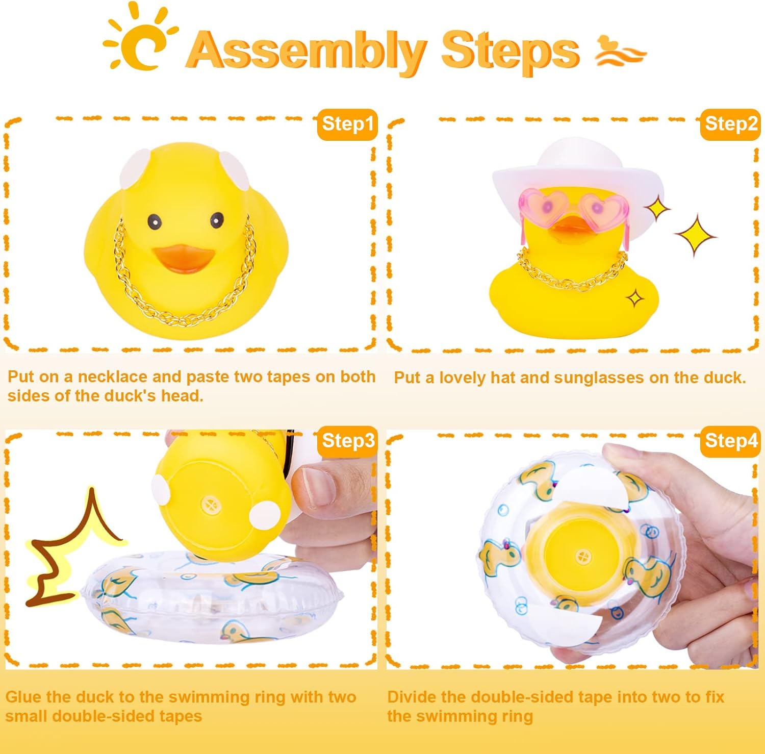 Adornos de pato amarillo para automóvil, decoración de tablero de automóvil con gafas de amor, mini anillo de natación, sombrero de sol, collar para
