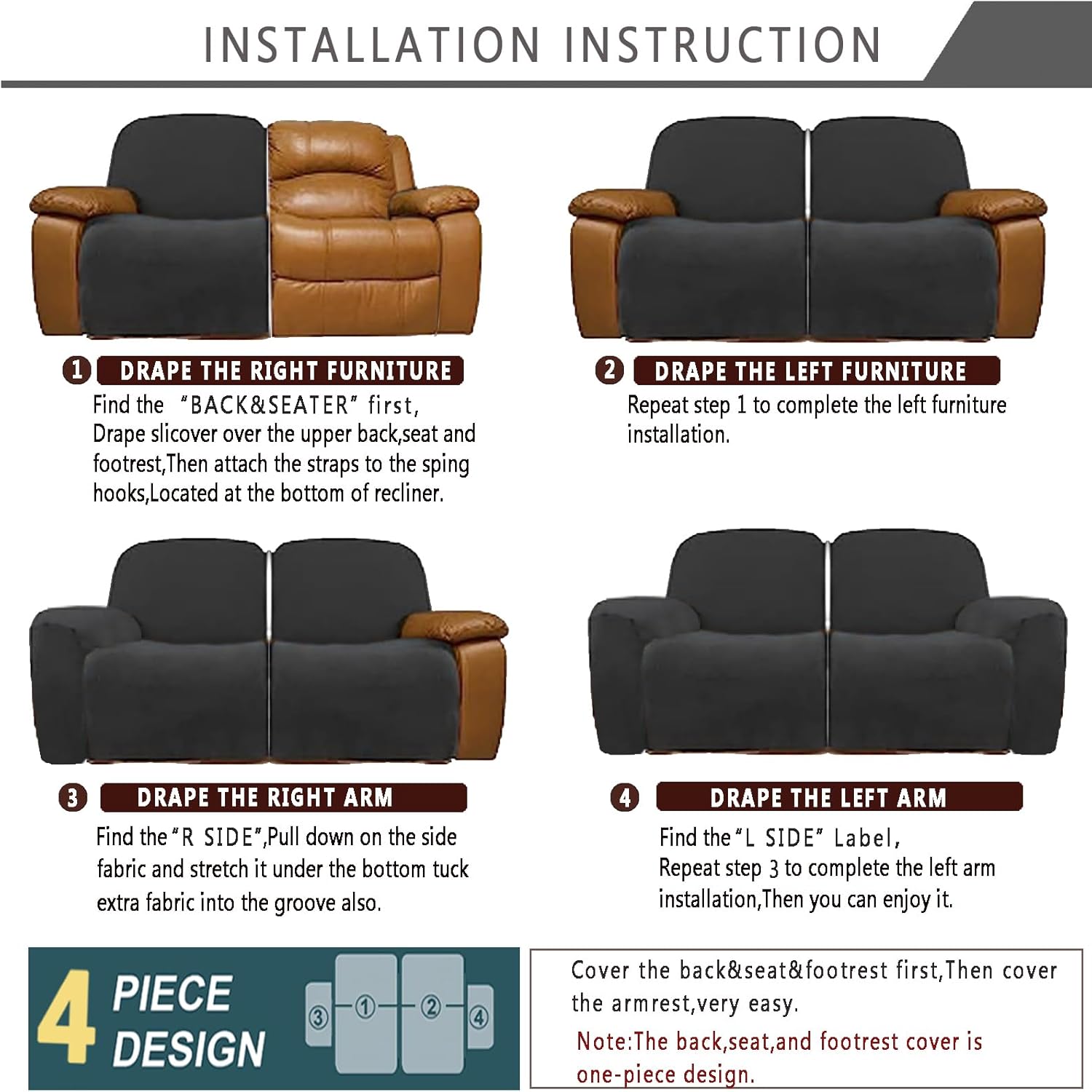 XUANZYANG Fundas elásticas para sofá biplaza reclinable, 6 piezas, fundas para sofá reclinable con bolsillos, fundas de sofá reclinable de jacquard,