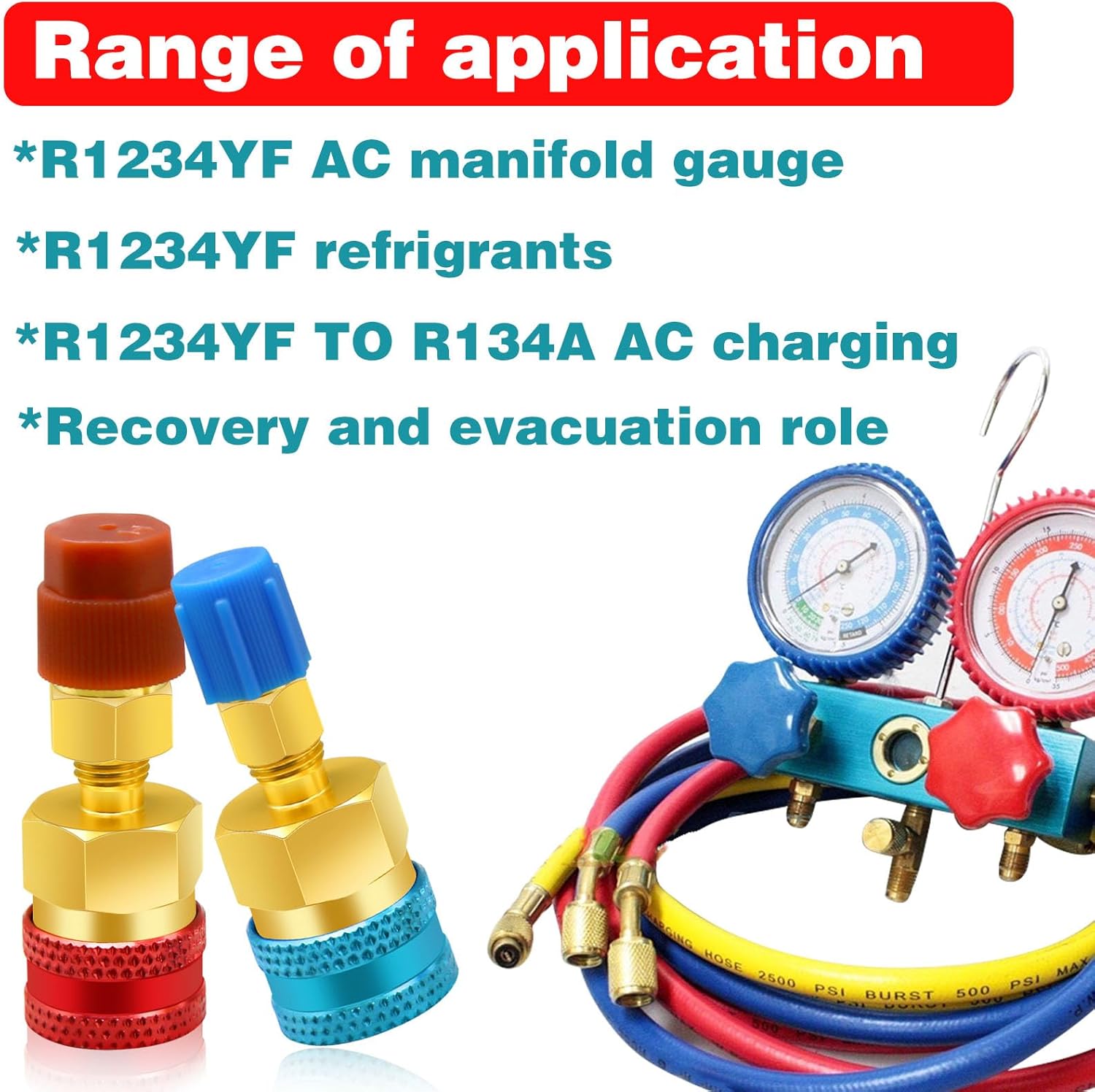 2 adaptadores R1234yf a R134a, kit de acopladores rápidos, kit de recarga de refrigerante R1234yf, adaptadores de lado altobajo R134a a R1234yf para