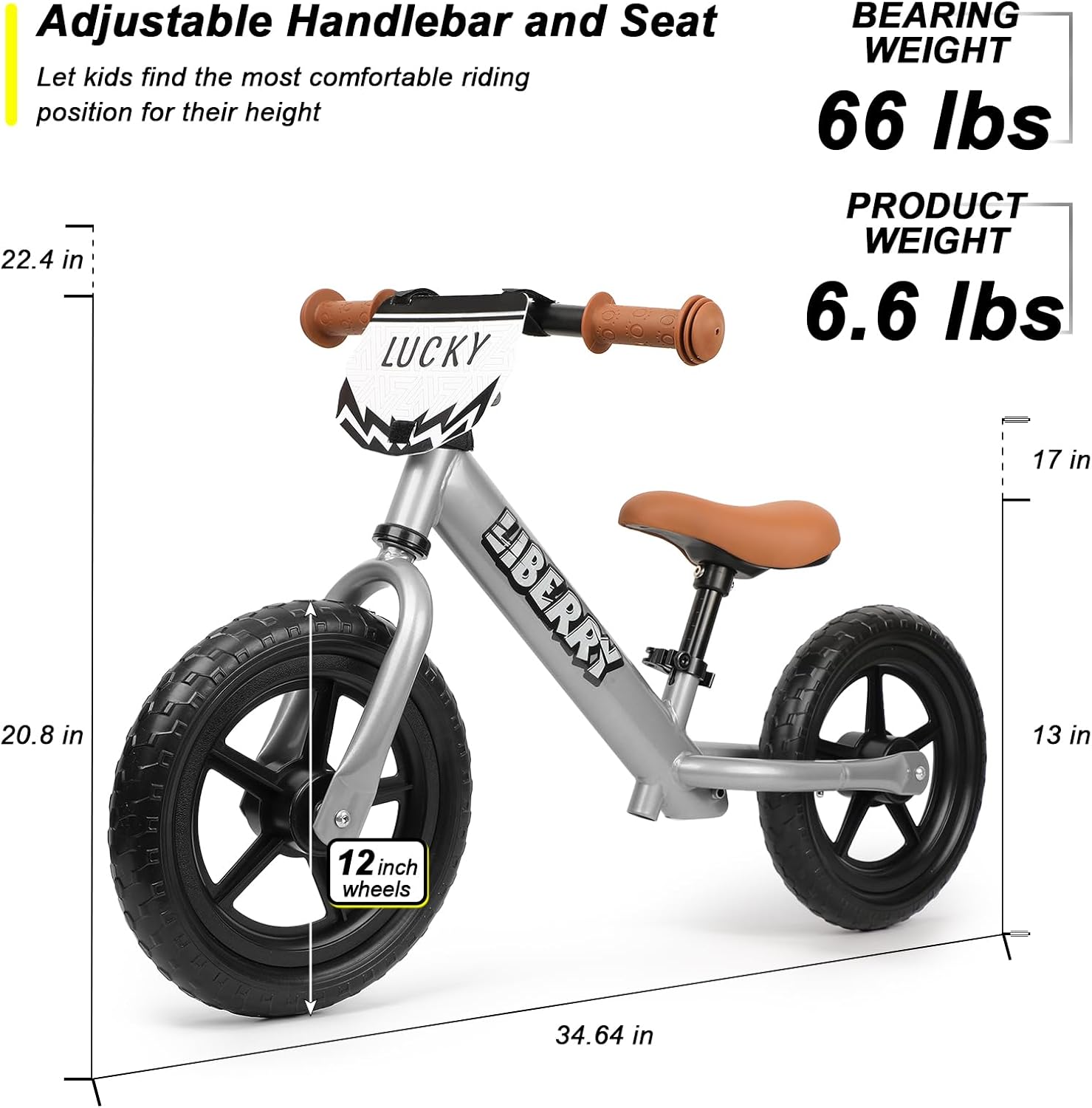 Liberry Bicicleta de equilibrio para niños de 2, 3, 4, 5 años, sin pedales, con manubrio ajustable, asiento y placa personalizada, bicicleta de 12