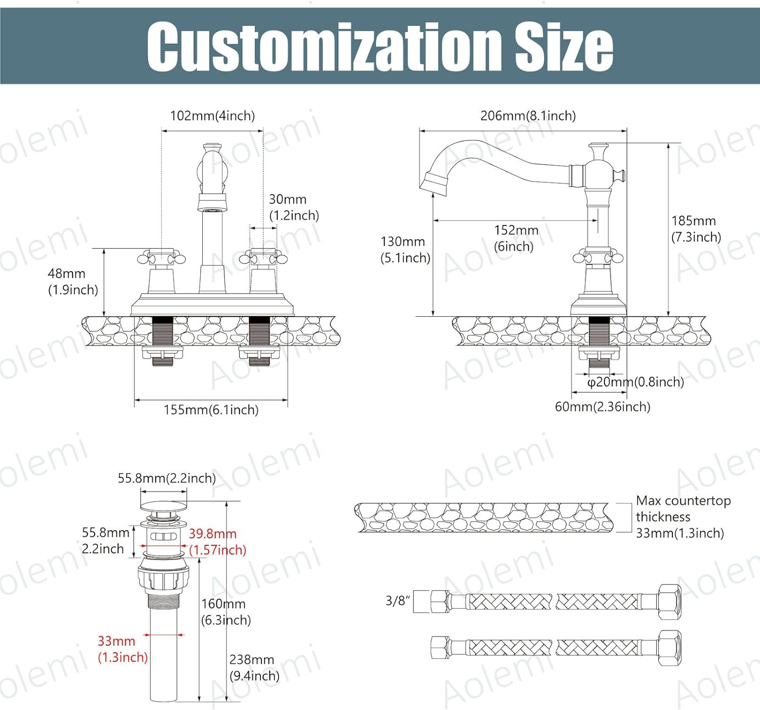 Aolemi Grifo de lavabo de baño negro mate con 2 asas cruzadas de 4 pulgadas, grifo mezclador de lavabo para lavabo de baño, utilidad para lavabo, 3