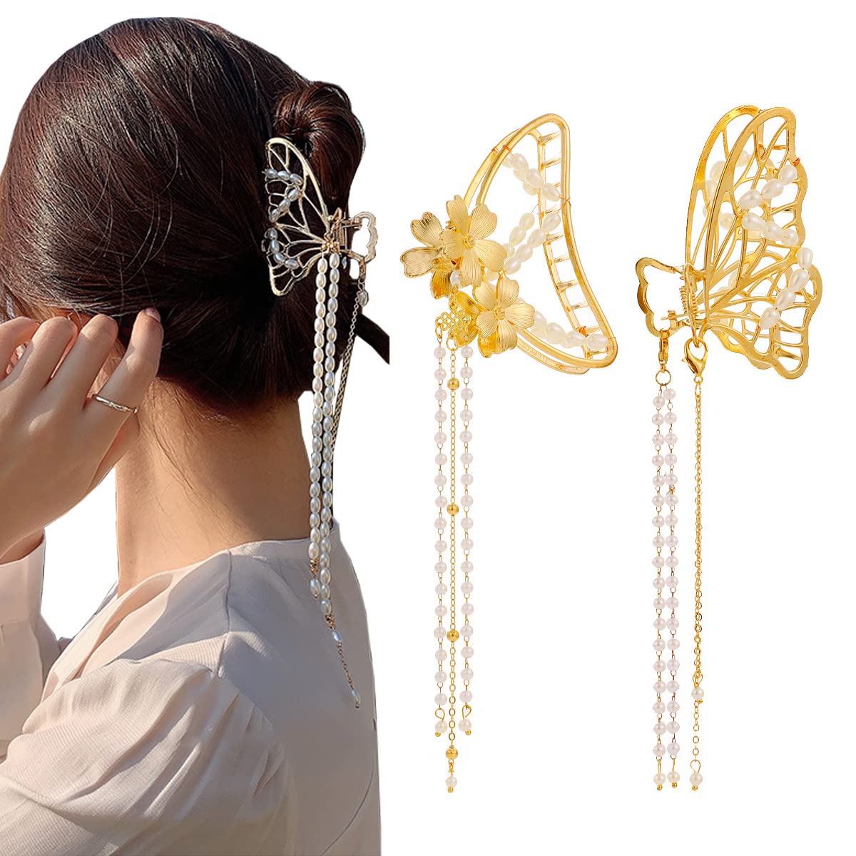 Yusier 2 pinzas para el cabello de metal de mariposa con borla de perlas huecas de hoja dorada, clip de garra, accesorios para el cabello de moda
