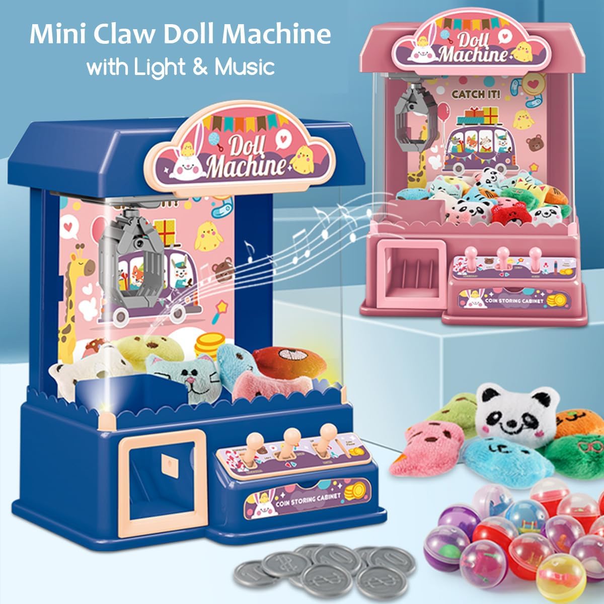 Mini Claw Machine Toys for Kids, Candy Grabber & Prize Dispenser Vending Machine with Music & Light, 60 Seconds Countdown, 2 Power Supply Modes, for