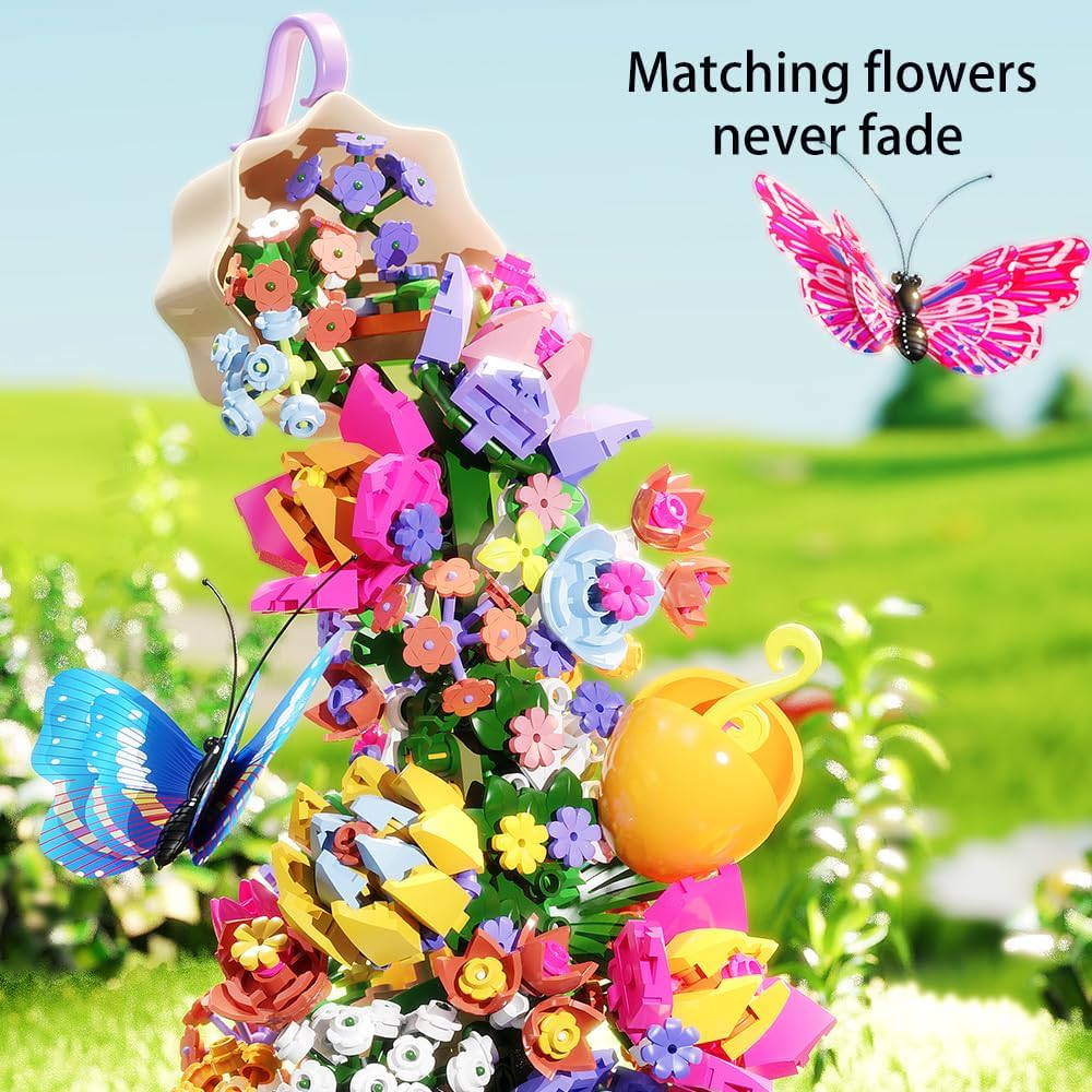 Mesiondy Juego de flores de construcción, caja giratoria de música de flores, con luz, con mariposas, regalo de cumpleaños, kits de construcción de