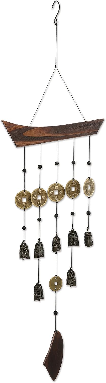 Sunset Vista Designs 92695 Campanas asiáticas de madera y metal, campanas de viento para patios, porches y más, 27 pulgadas de largo, monedas