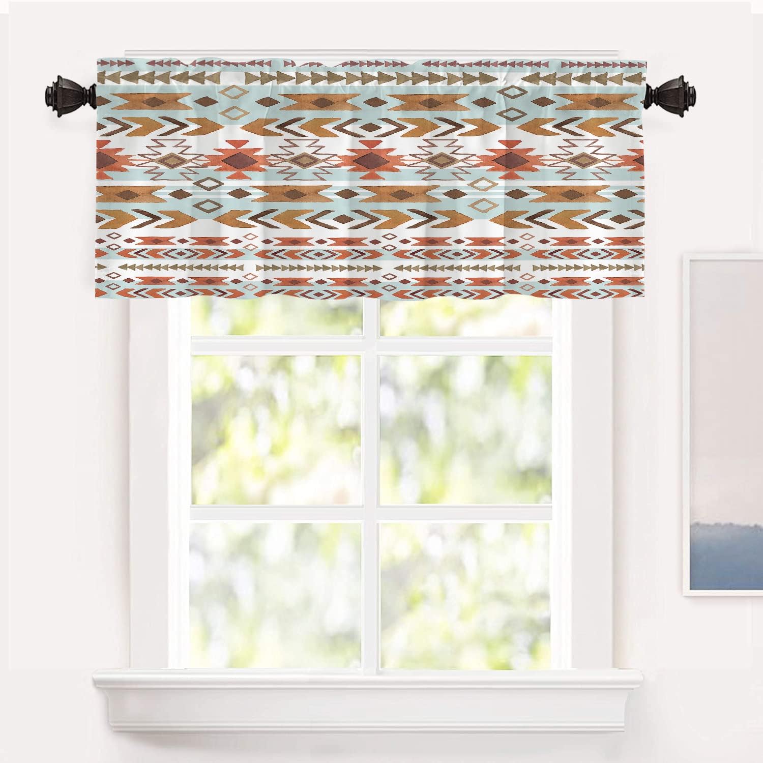 Shrahala Cenefas de cocina con decoración navajo bohemia, color azul y naranja, étnico bohotrial, cortina de media ventana, tratamiento de ventana