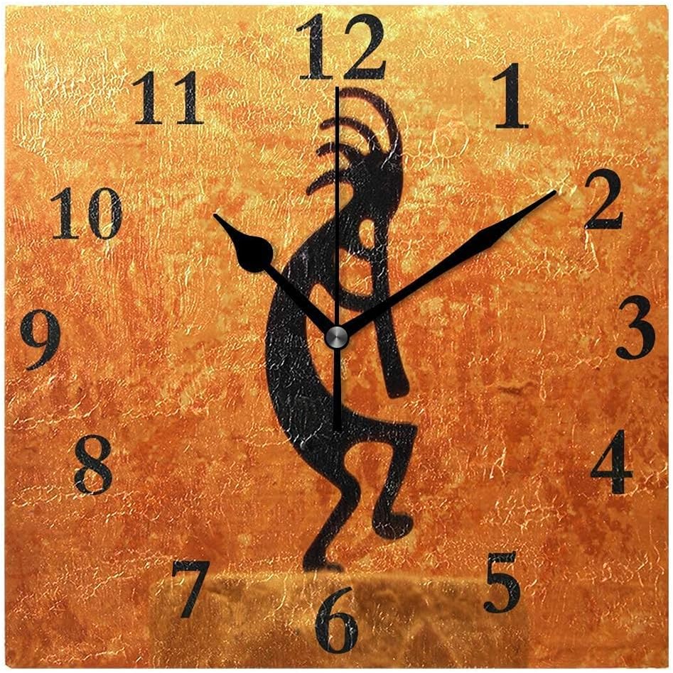 Reloj de pared de madera de 15 pulgadas, silencioso, sin tictac, estatua de Kokopelli, reloj colgante con números arábigos para el hogar, cocina,