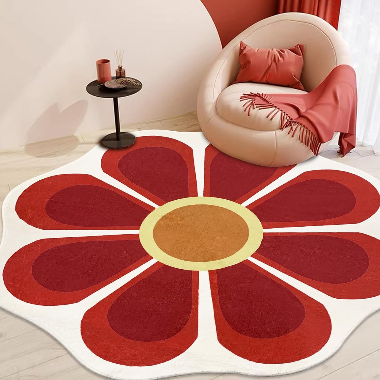 USTIDE Alfombra redonda grande de 63 pulgadas, alfombra circular floral para sala de estar, dormitorio, lavable, suave, alfombra roja para