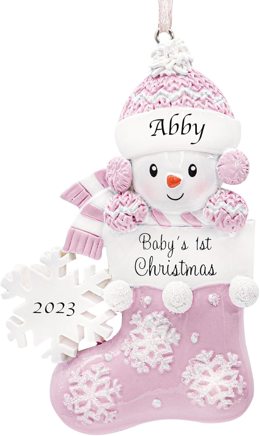 Adorno personalizado para la primera Navidad de mi bebé 2023  Decoración de árbol de Navidad de niña de nieve con calcetín rosa personalizado