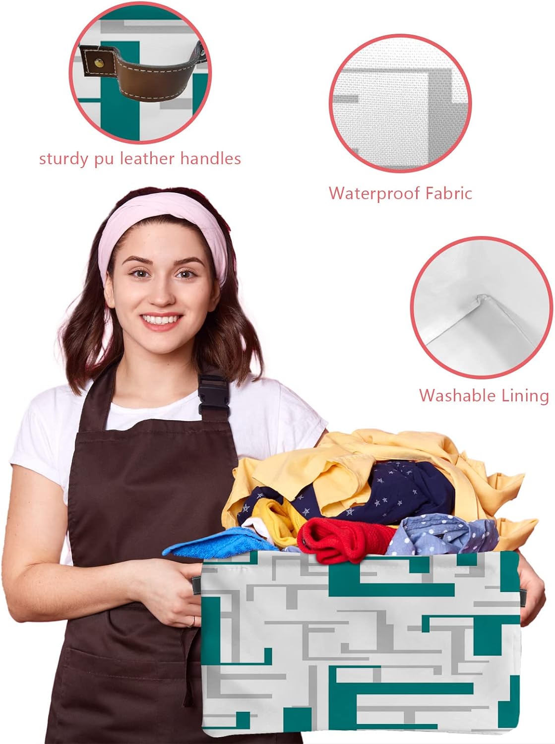 Cesta de almacenamiento gris verde azulado para organizar estantes, cajas de almacenamiento plegables con asa, cesta de lona moderna geométrica