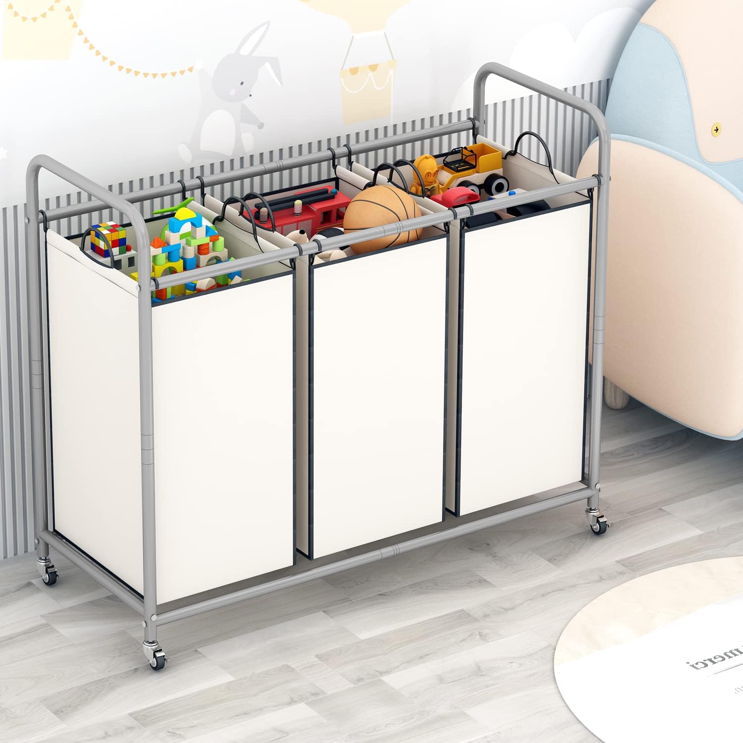 LINZINAR Clasificador de ropa sucia de 3 bolsas, carrito de lavandería con ruedas enrollables resistentes y bolsas extraíbles (beige)