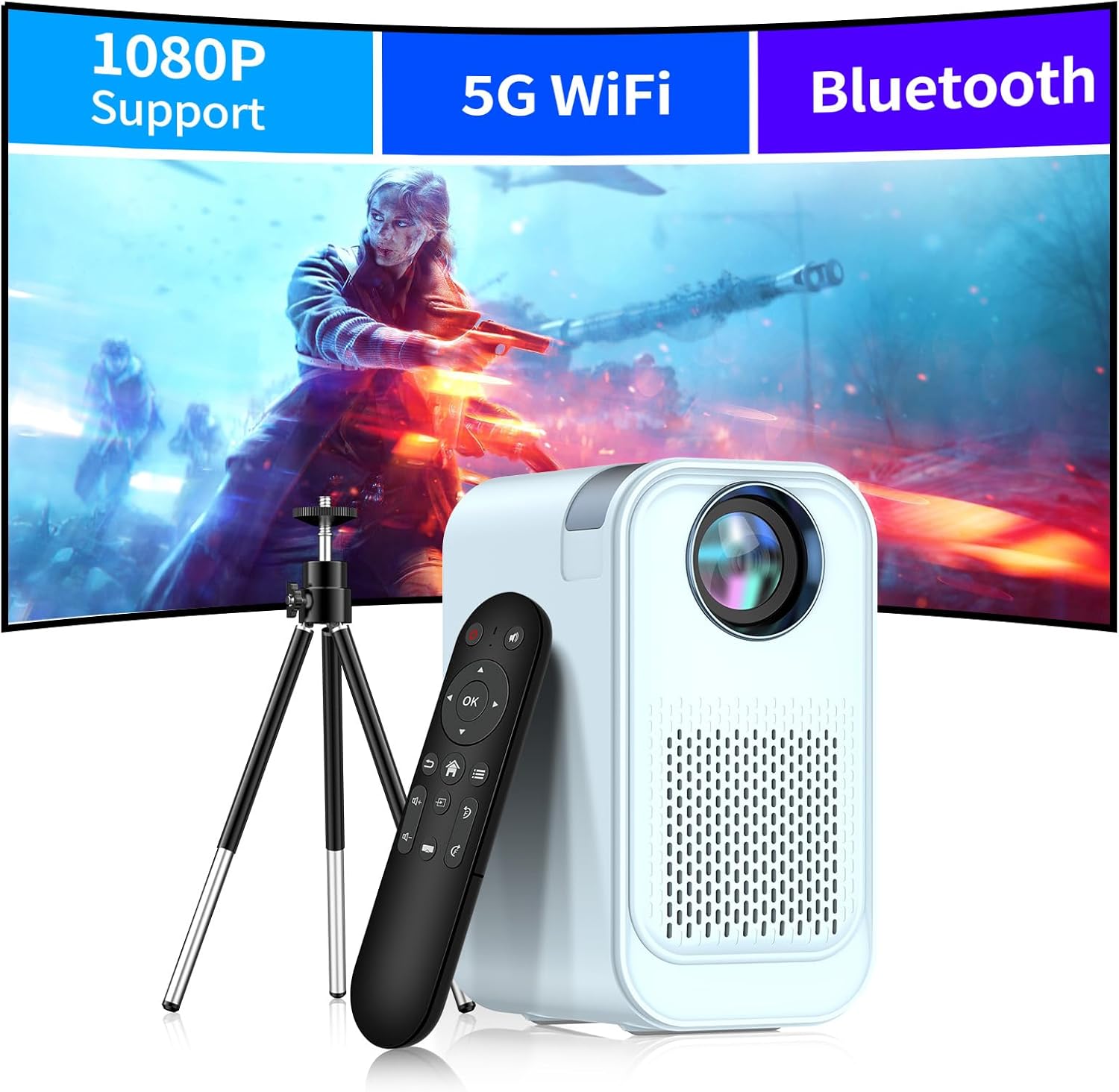 Mini proyector con WiFi 5G y Bluetooth, proyector compatible con 1080P con soporte para proyector, proyector de películas compatible con iOSteléfono