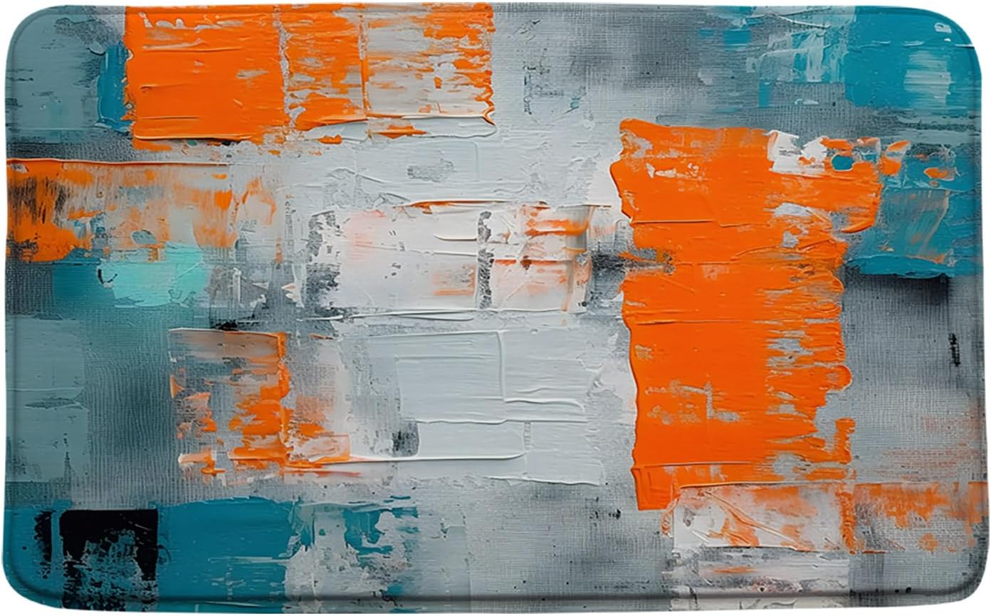 Tapete de baño turquesa, gris y naranja, azul quemado, verde azulado, naranja y gris, pintura abstracta de pinceladas, arte moderno, decoración de