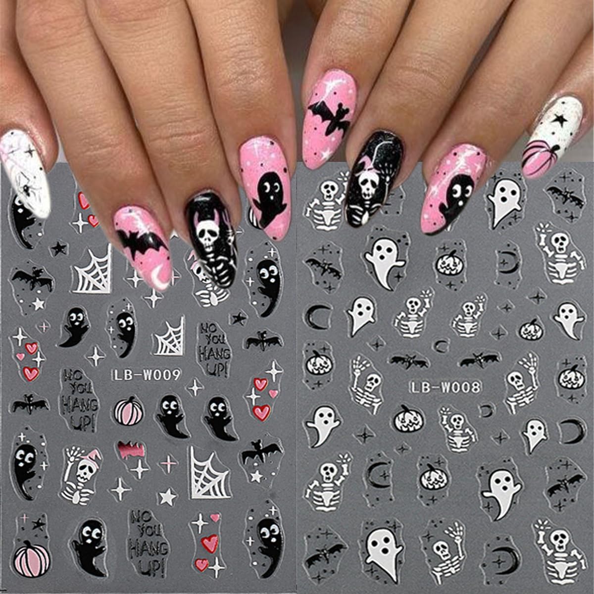 Calcomanías de arte de uñas de Halloween, calcomanías autoadhesivas 3D para uñas fantasma, color negro y blanco, diseño gótico de calabaza, diseño